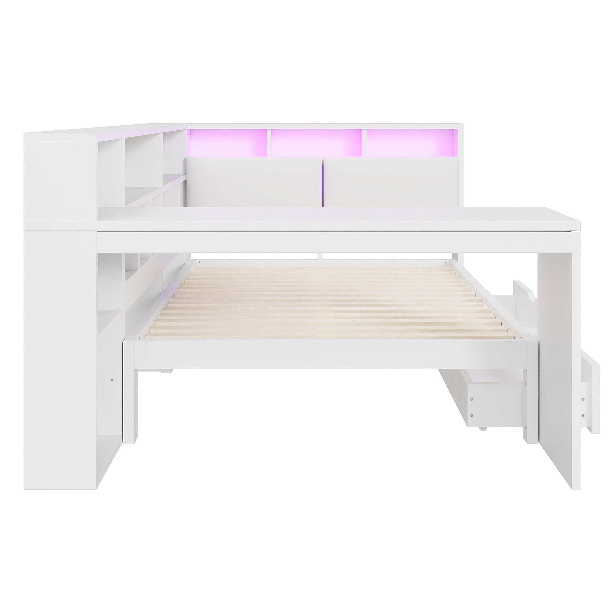 Logidon Hoekbed 140x200 L-vorm met Bureau Boekenplank Wit