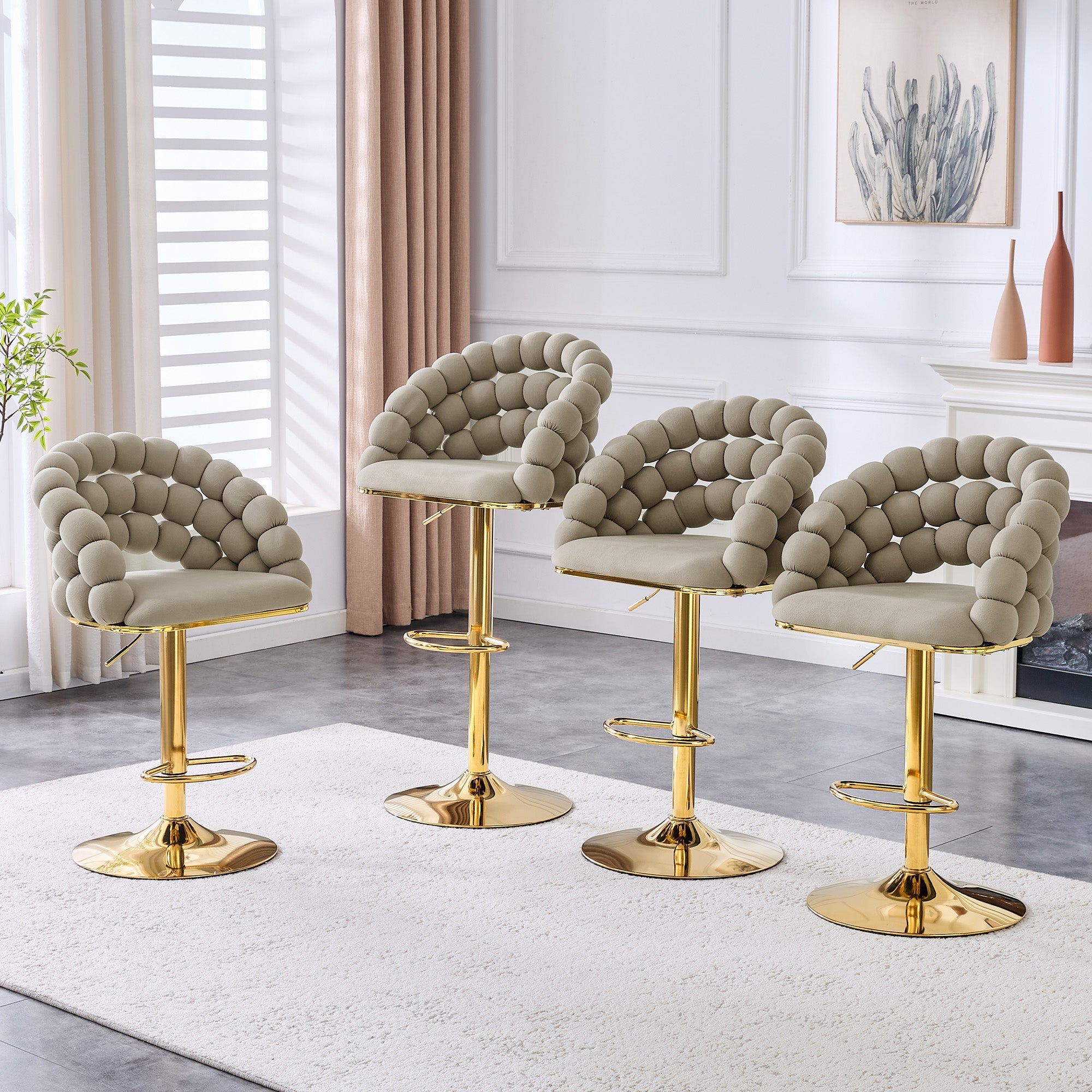 Logidon grijze fluwelen barkrukken set van 2 kogelketting rugleuning gouden frame