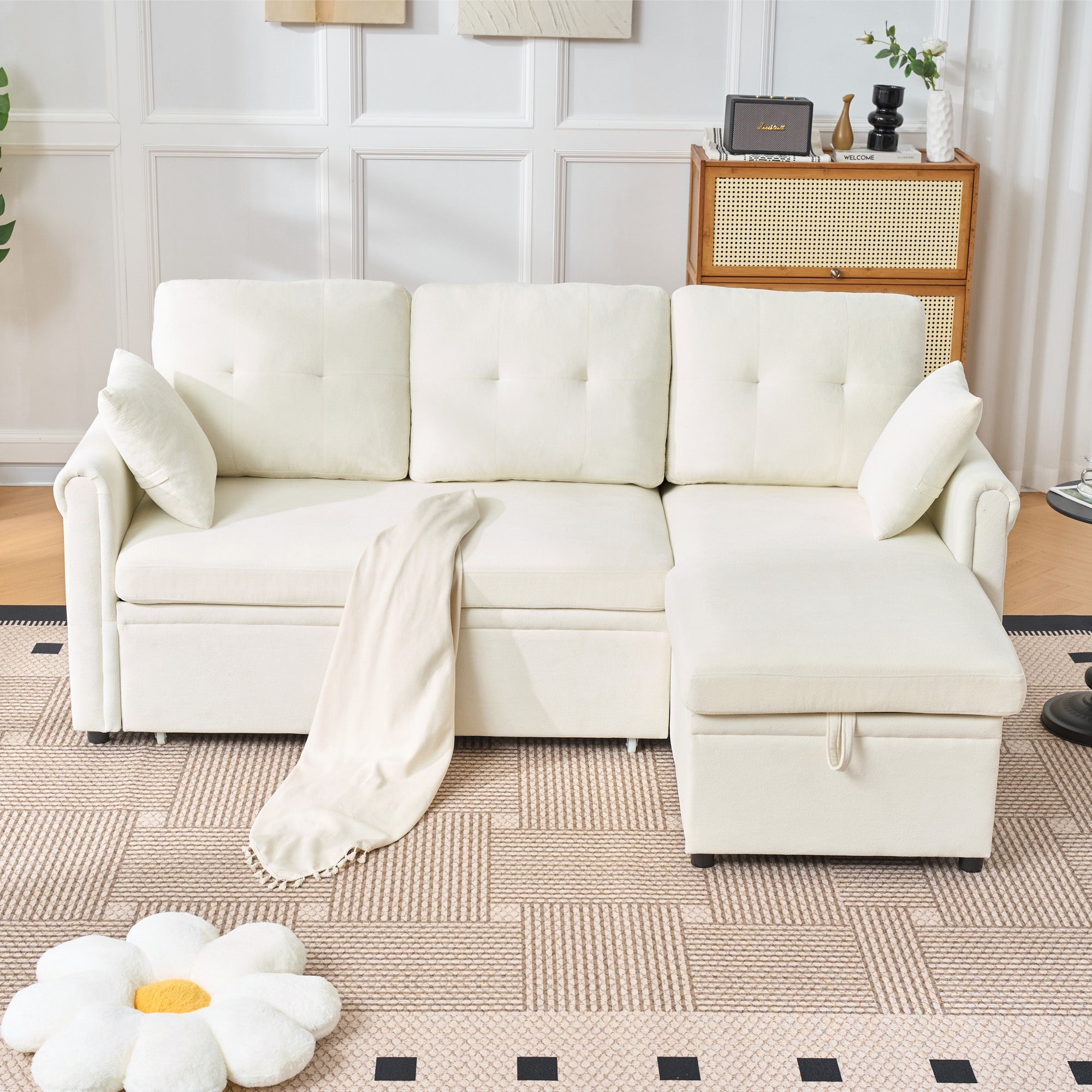Logidon hoekslaapbank slaapfunctie L-vorm chenille beige