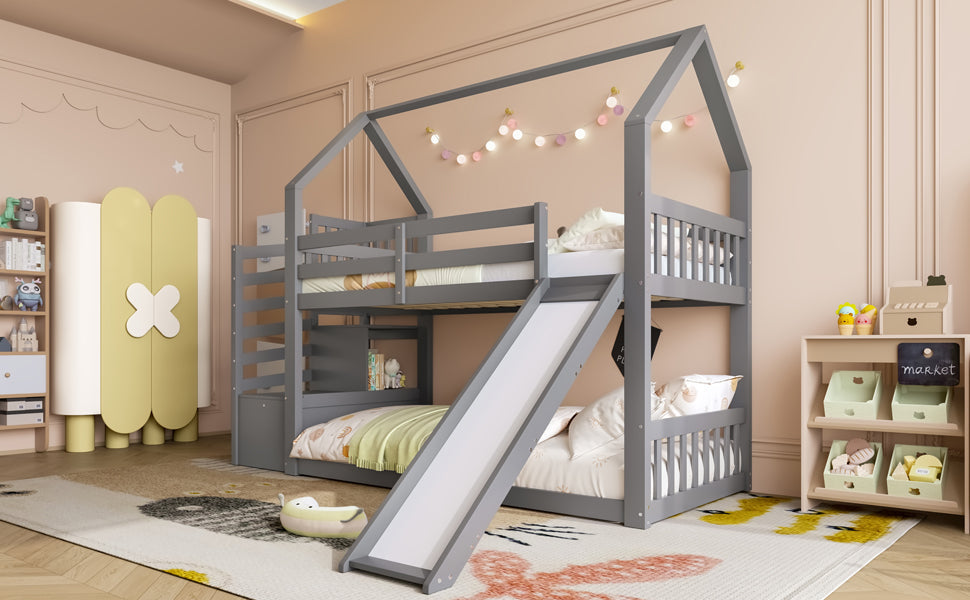 Logidon stapelbed grijs 90x200 met opbergtrap en glijbaan