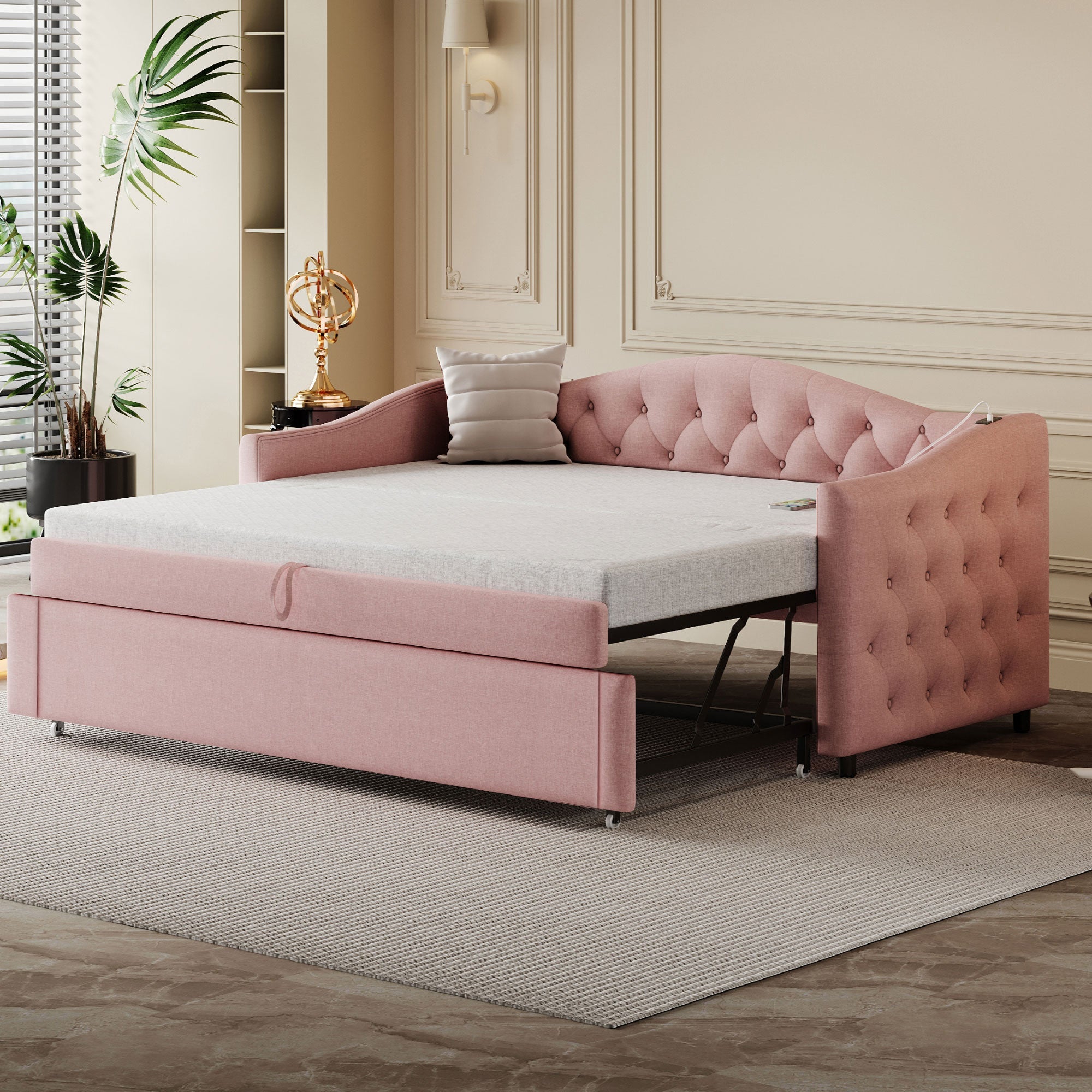 Logidon gestoffeerde slaapbank 90x200 roze linnen USB-aansluiting