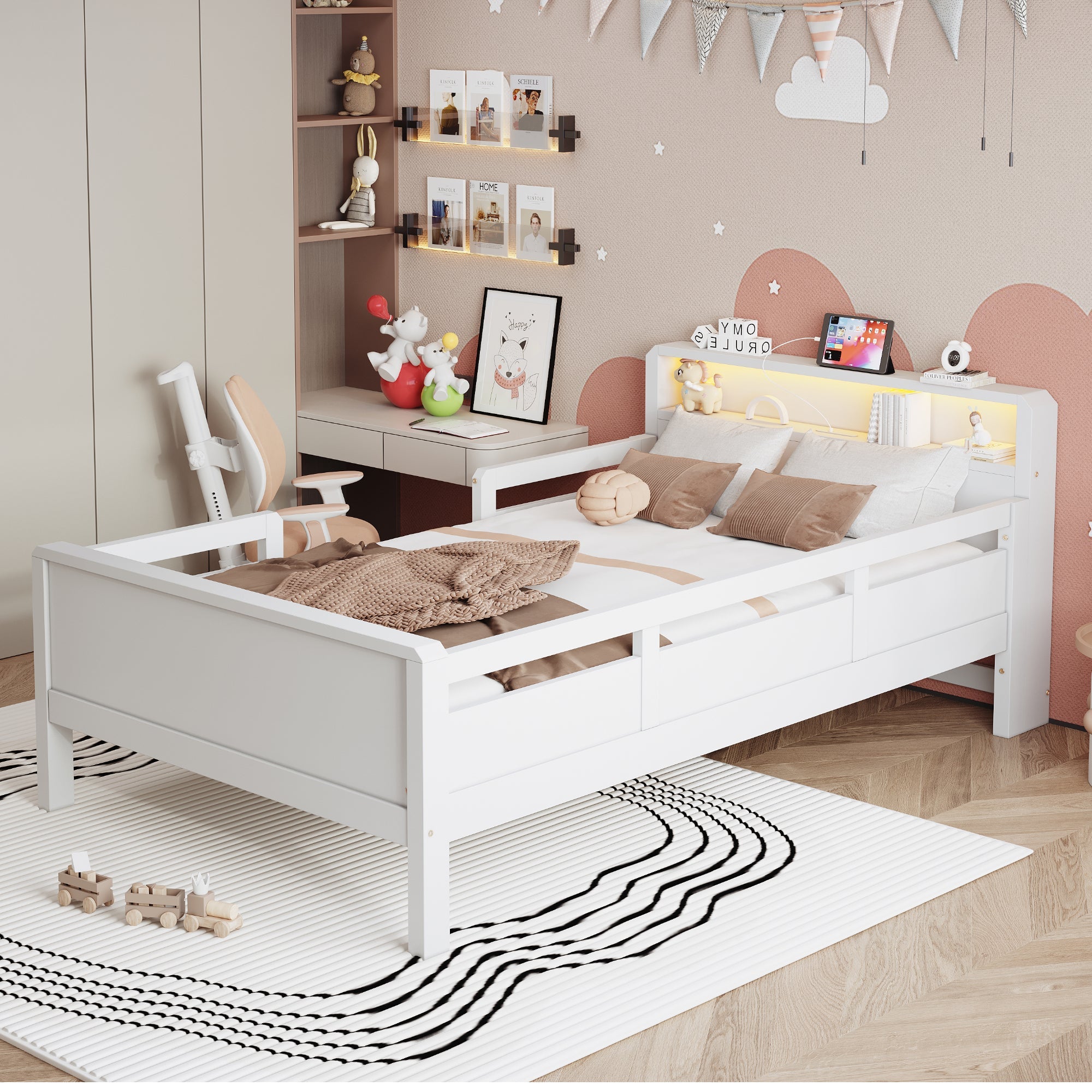 Logidon houten bed 90x200 cm USB C oplaadpunt LED hoofdbordplank wit