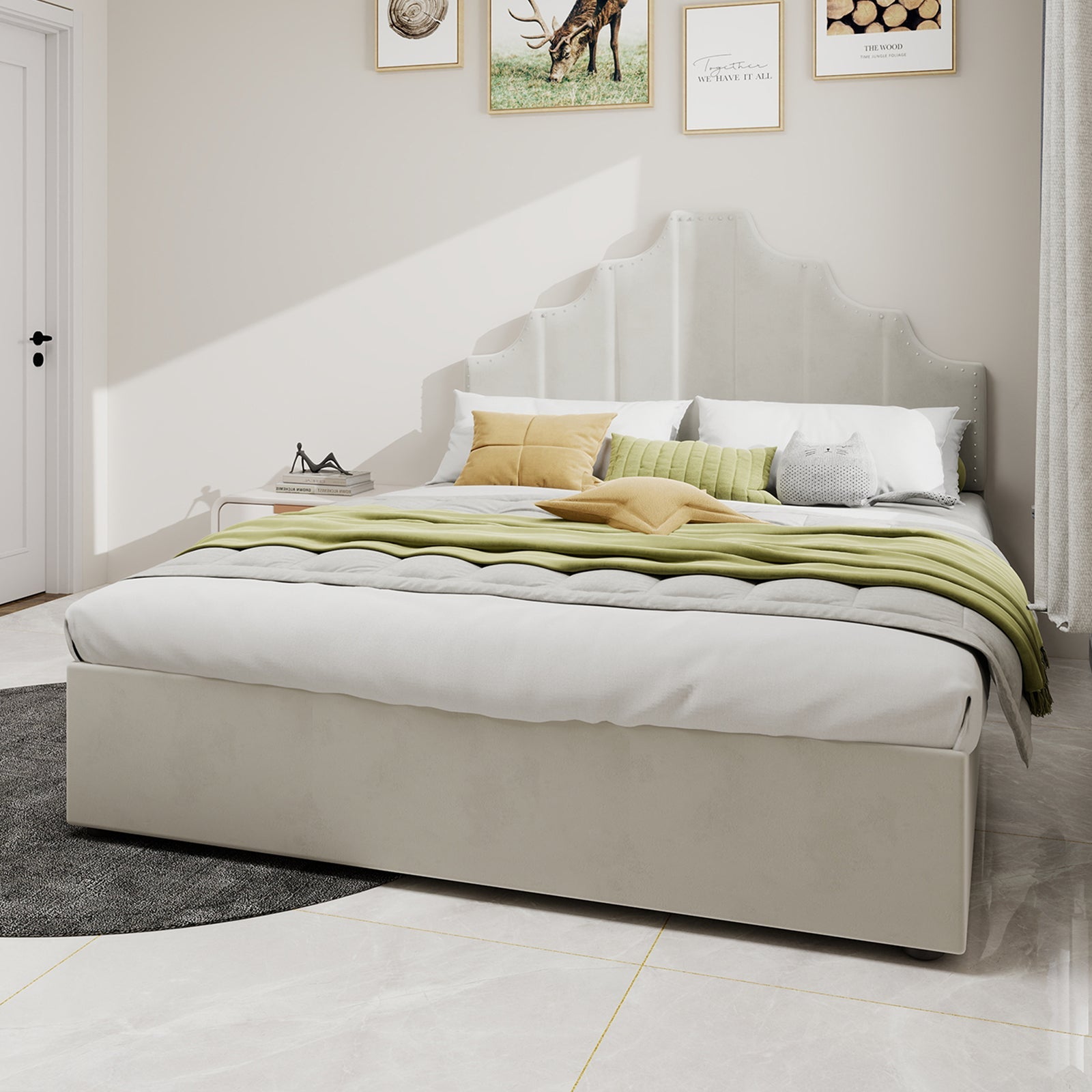 Logidon 160x200 cm stoffen bed beige hoofdbord met hydrauliek