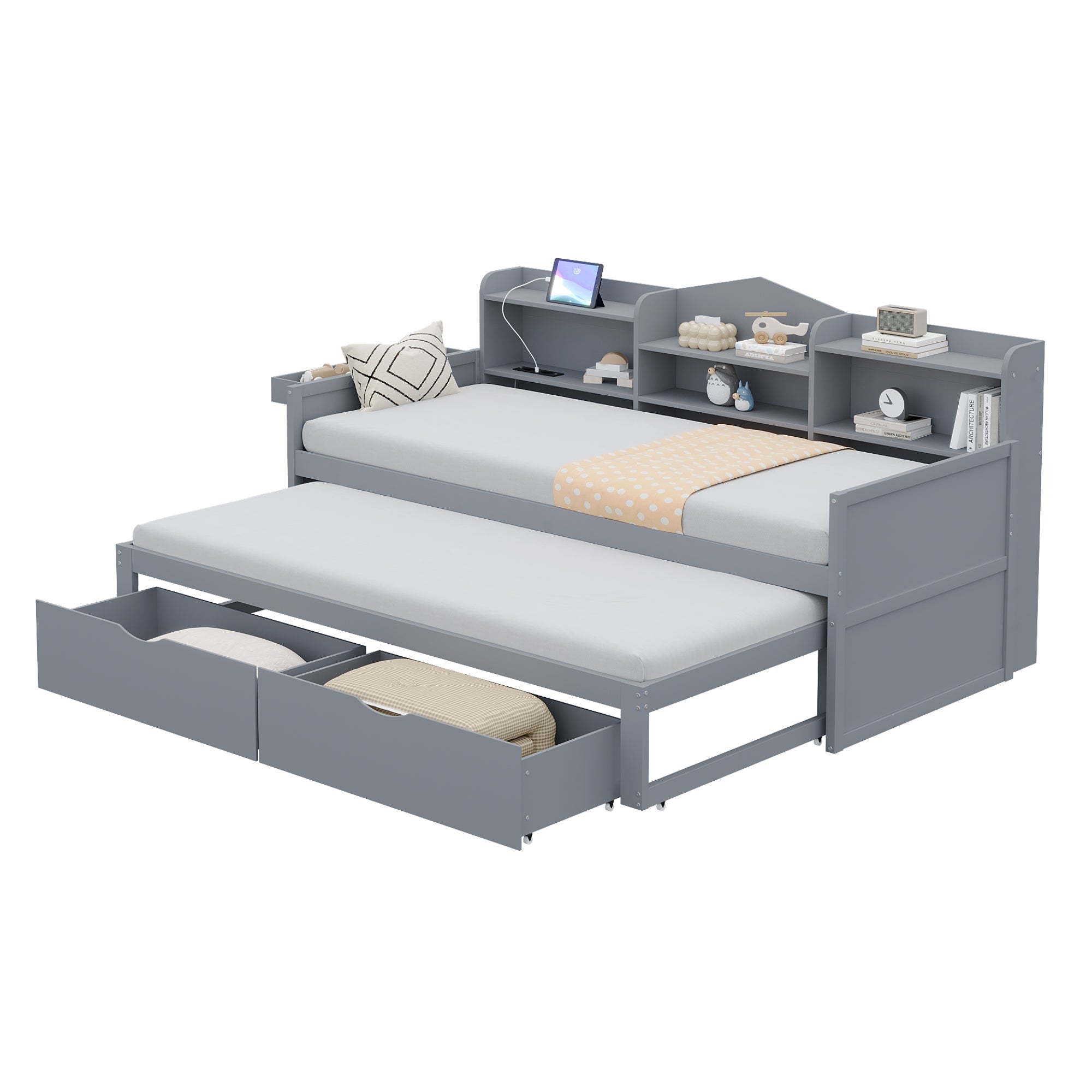 Logidon slaapbank 90x200 grijs met uitschuifbaar bed 90x190 USB