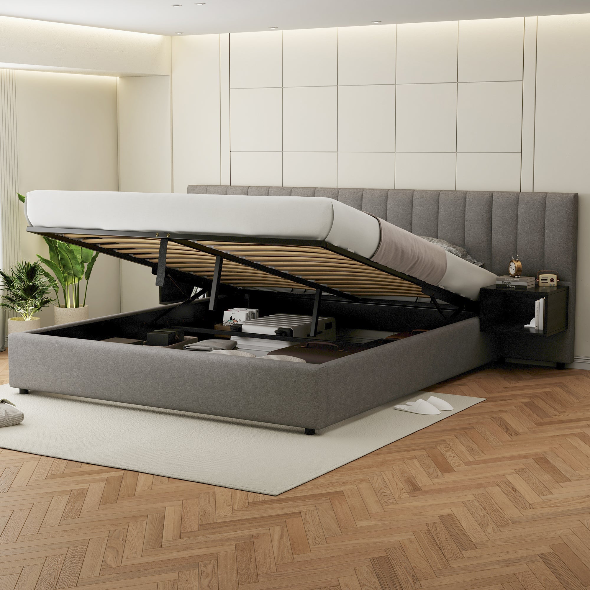Logidon gestoffeerd bed 180x200 cm grijs zwart met twee nachtkastjes