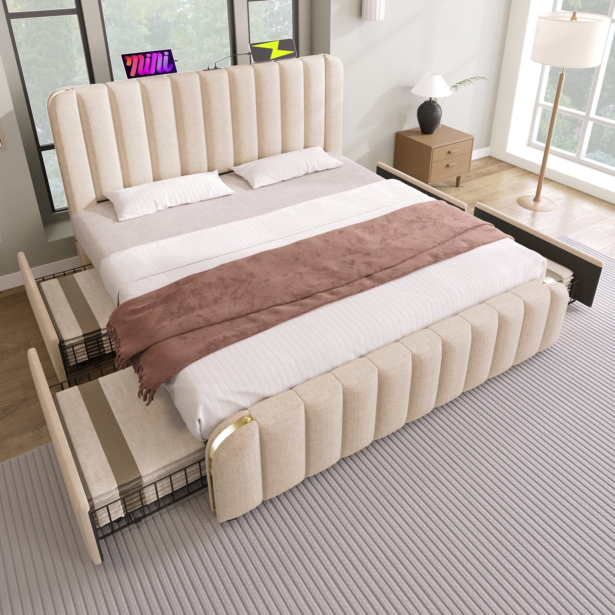 Logidon upholstered bed beige linen with USB Type C charging function 180x200 cm