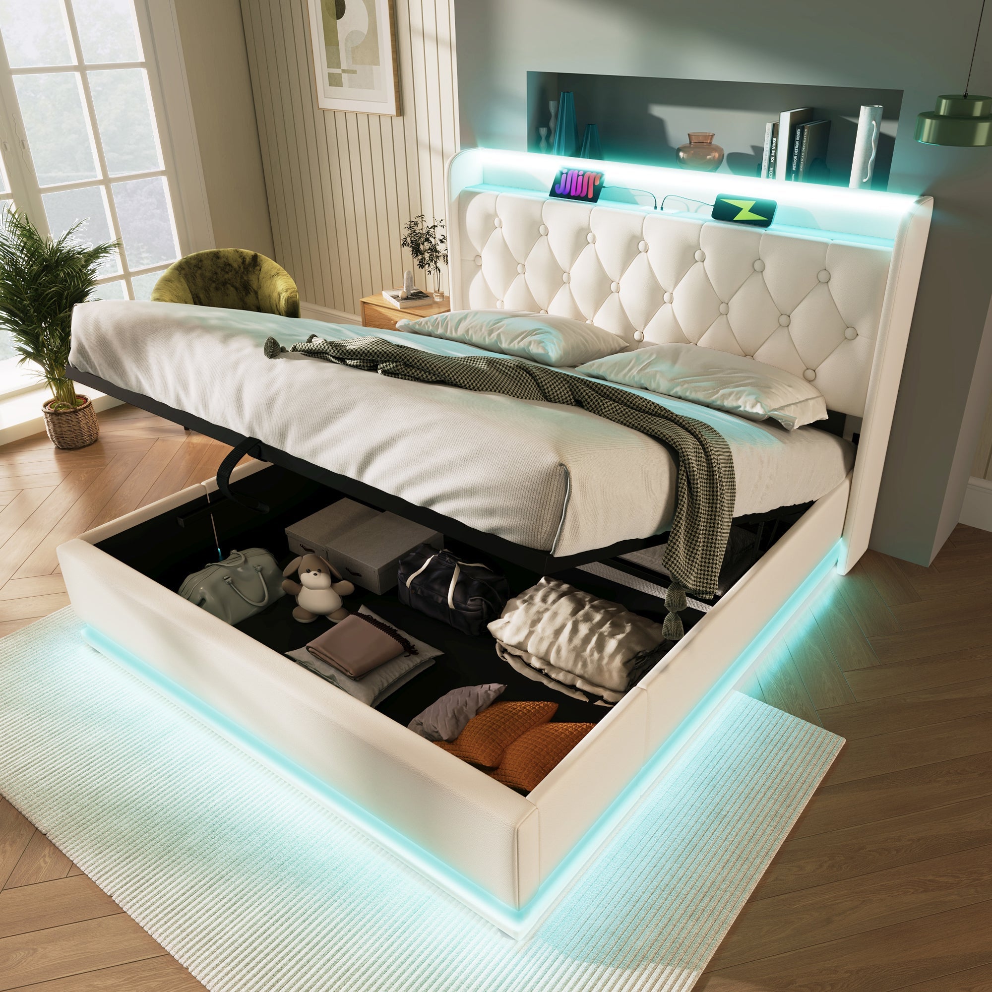 Logidon gestoffeerd bed tweepersoonsbed 140x200 cm wit PU 360 Surround LED