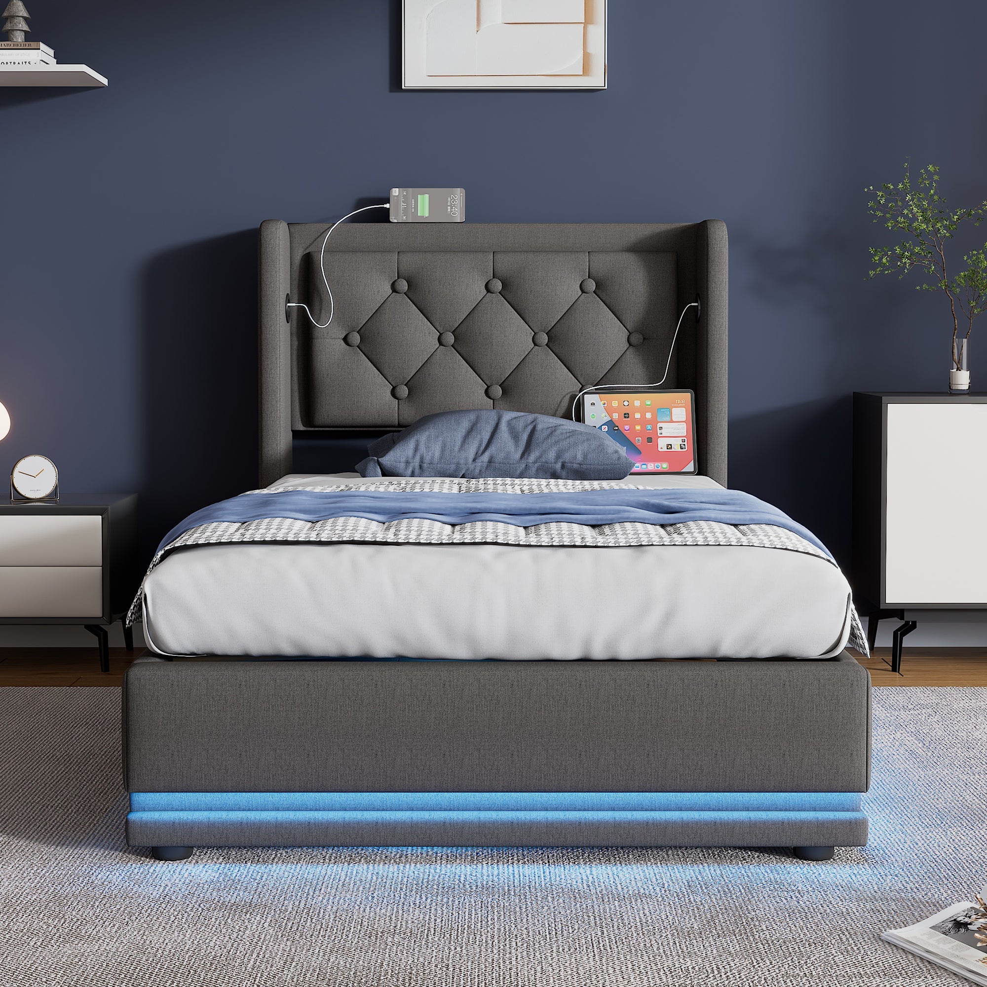Logidon gestoffeerd bed 90x200 cm grijs met opbergruimte USB C oplaadfunctie LED
