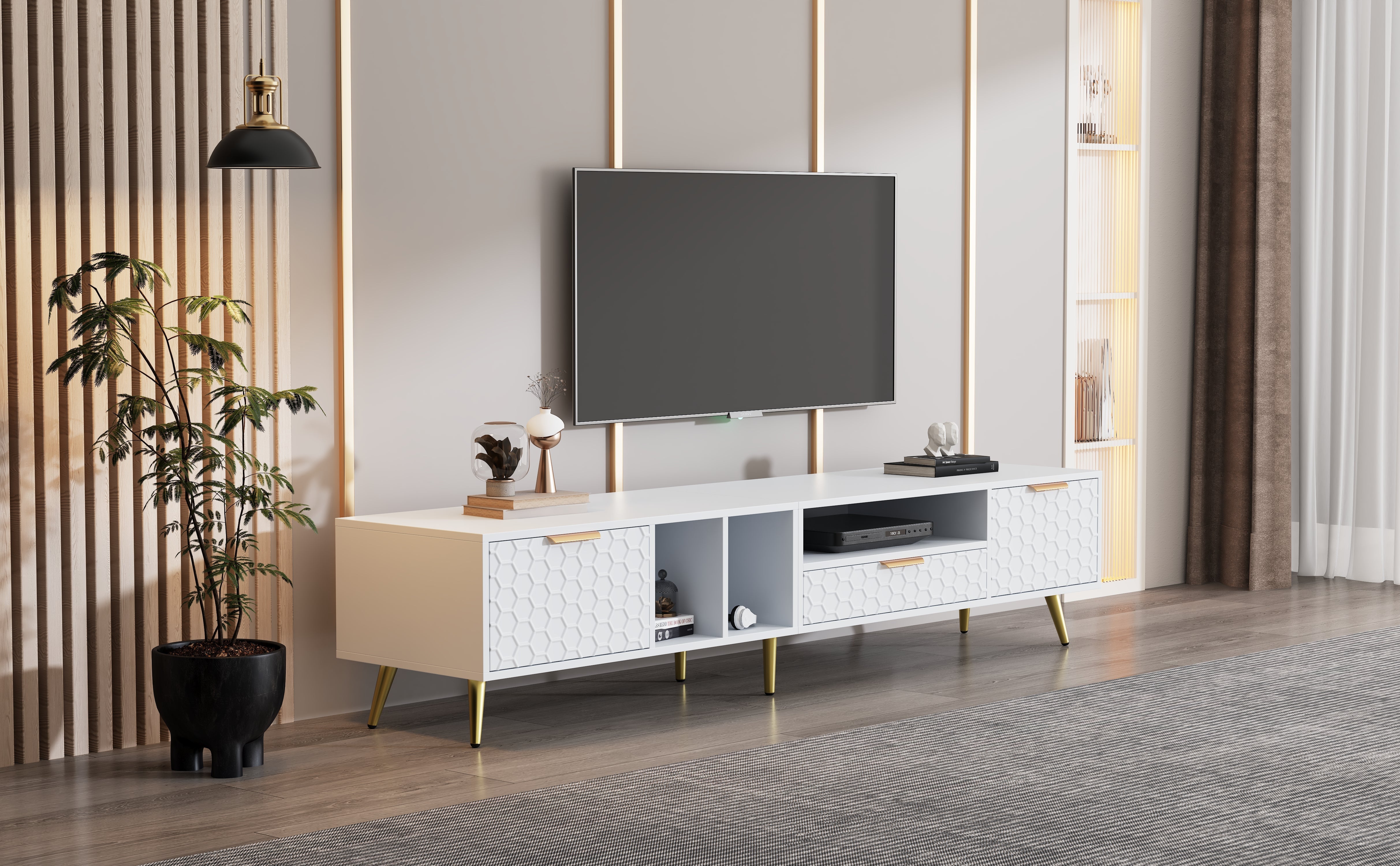 Logidon White TV Stand with Honeycomb Pattern and Storage Space for up to 80 Inches