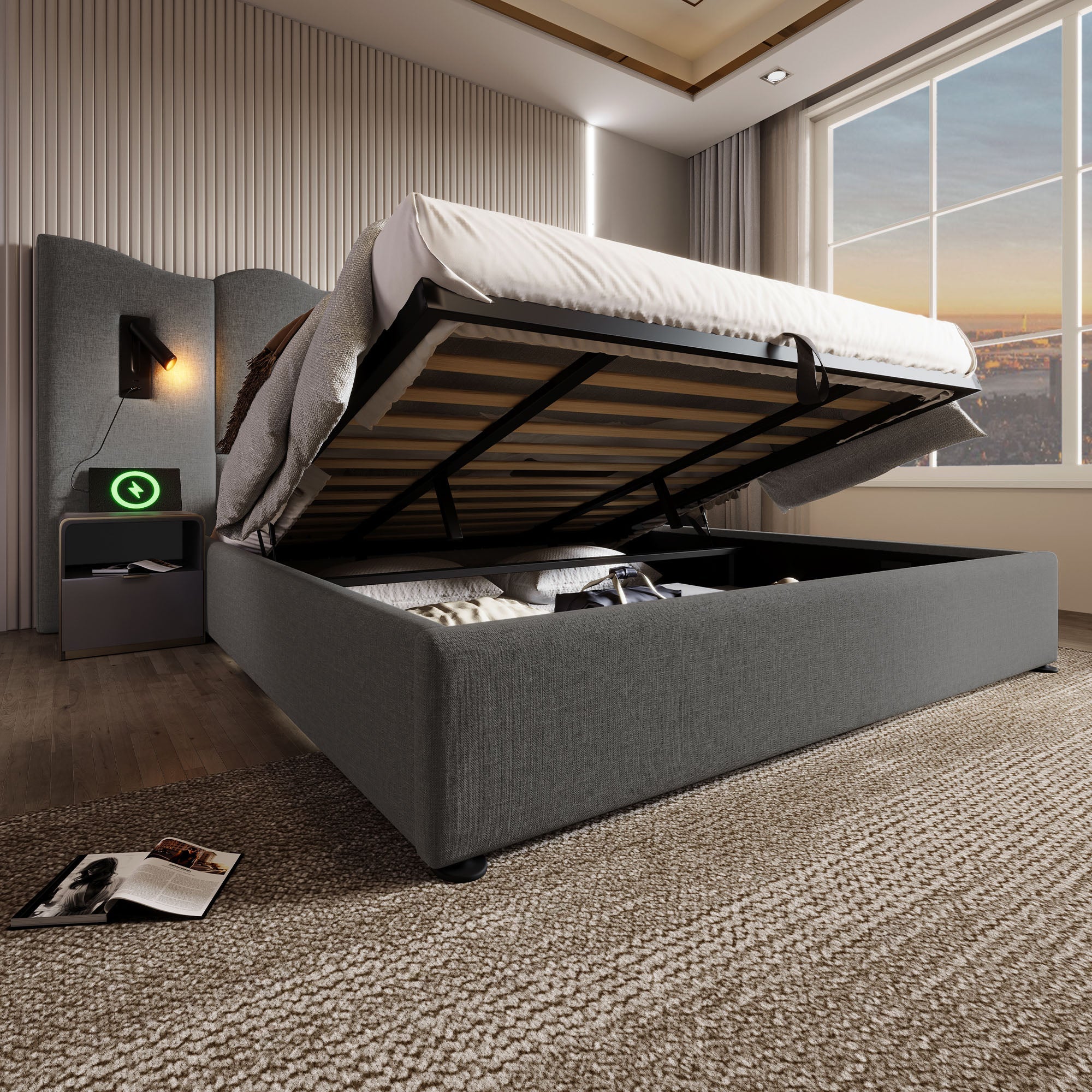 Logidon box spring bed 180x200 storage space USB C charging function reading lamp