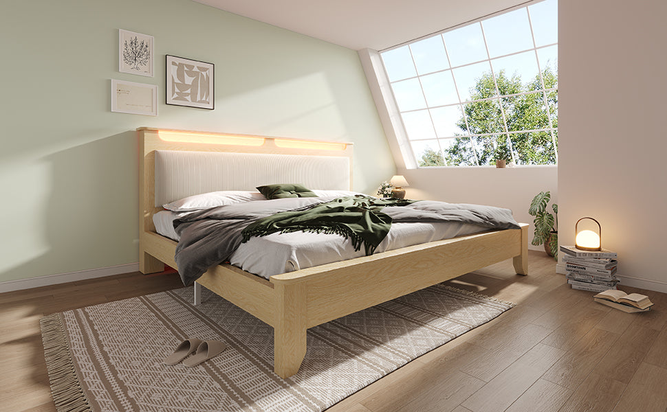 Logidon tweepersoonsbed 160x200 cm met opbergruimte en LED-verlichting beige