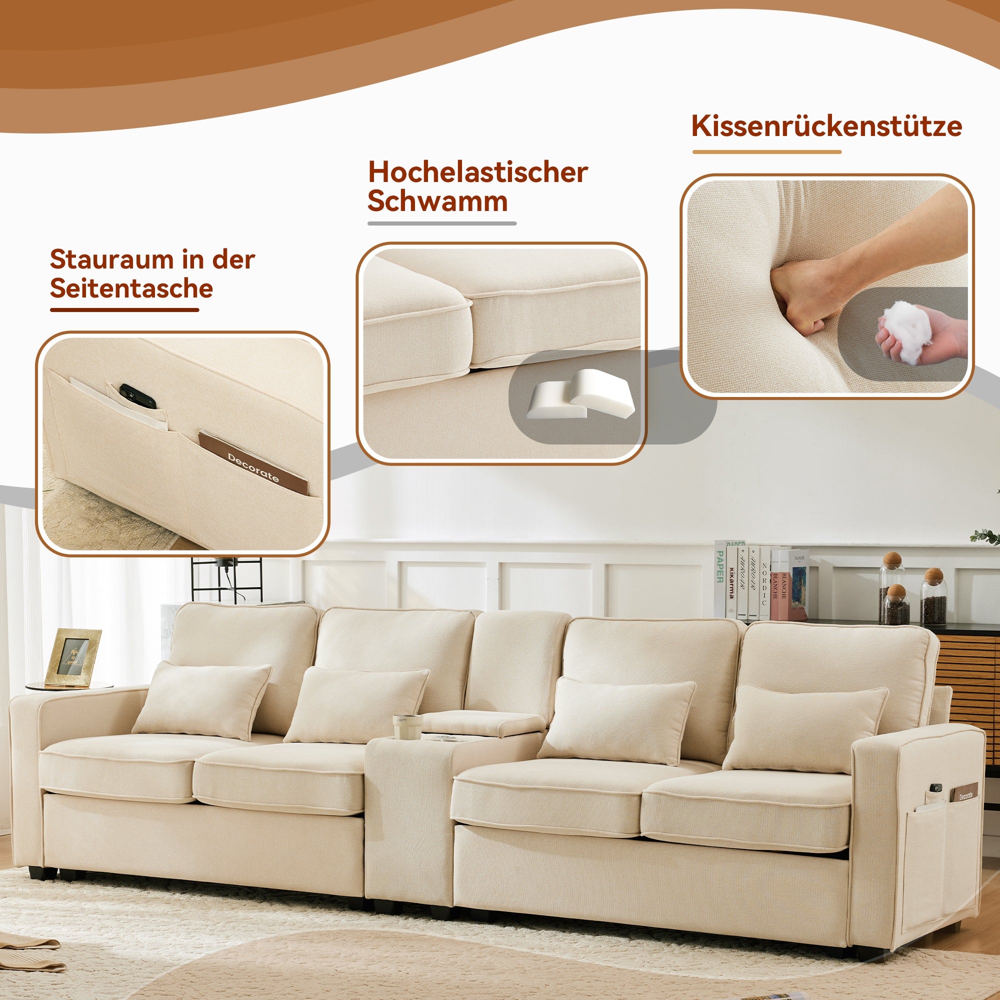 Logidon Modern 4 Seater Sofa Made of Beige Linen Fabric with Console