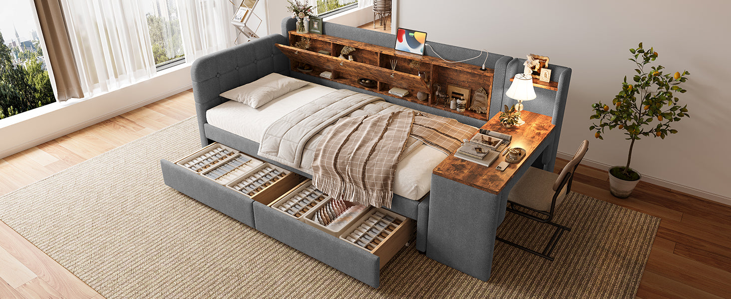 Logidon Daybed 90x200 cm slaapbank met bureau grijs USB Type C