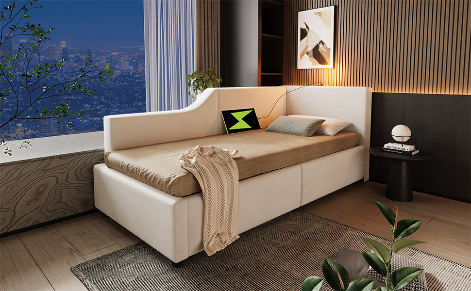 Logidon fluwelen dagbed 90x190 beige met opbergruimte, USB-C, leeslampje