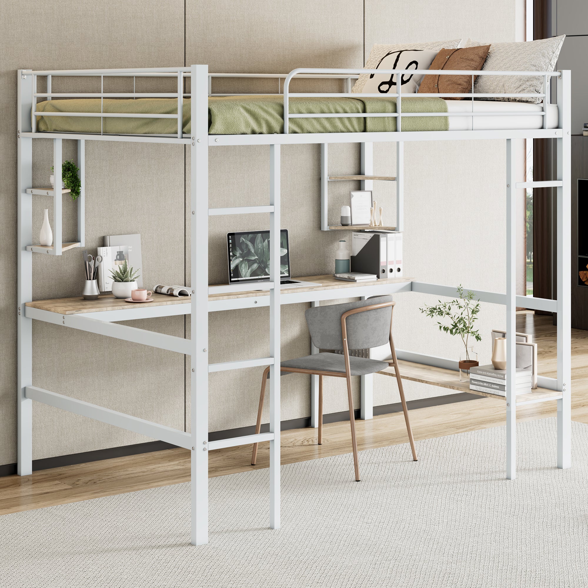 Logidon hoogslaper 140x200 cm metalen bed met bureau wit
