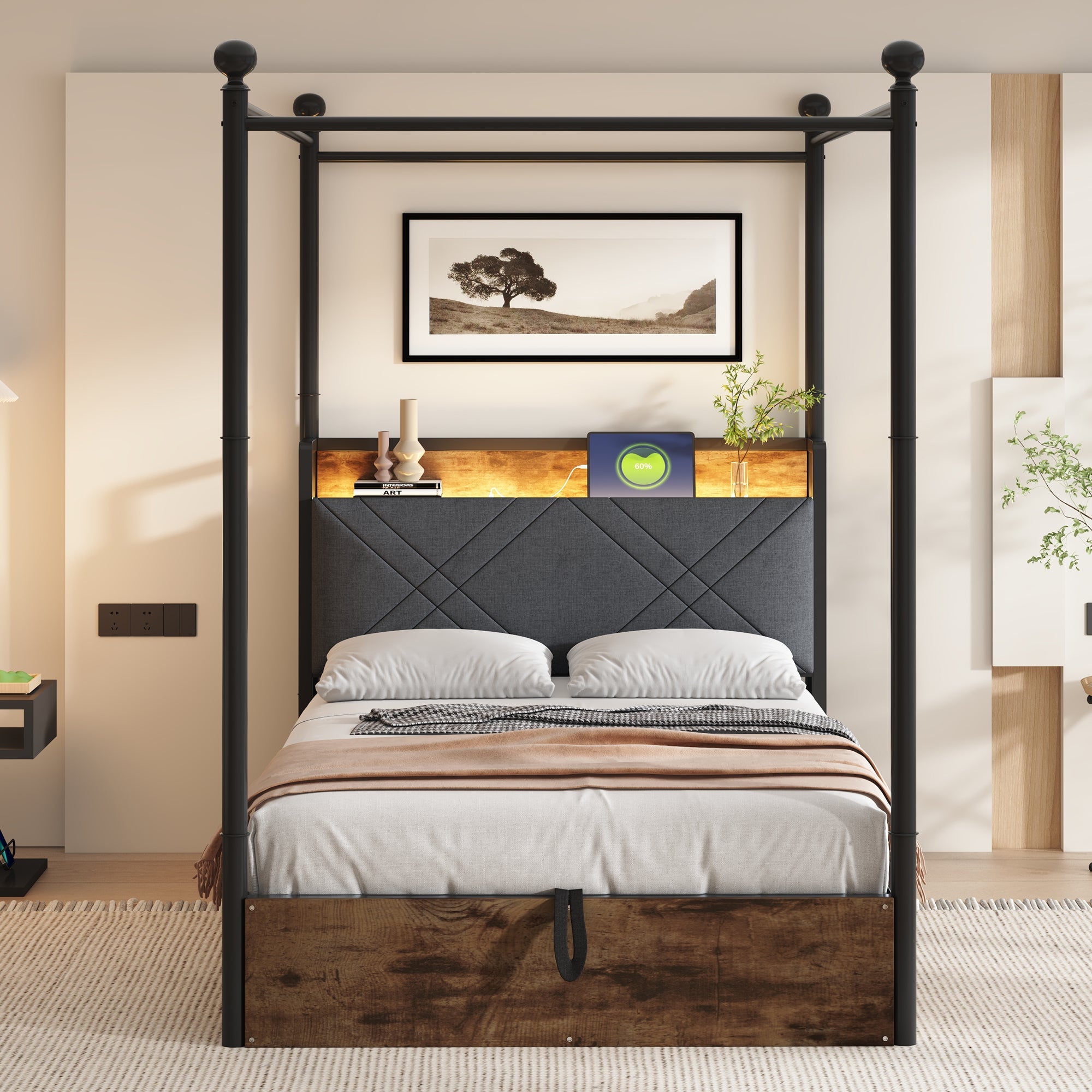 Logidon hemelbed 90x190 zwart met opbergruimte hydraulisch LED USB-C