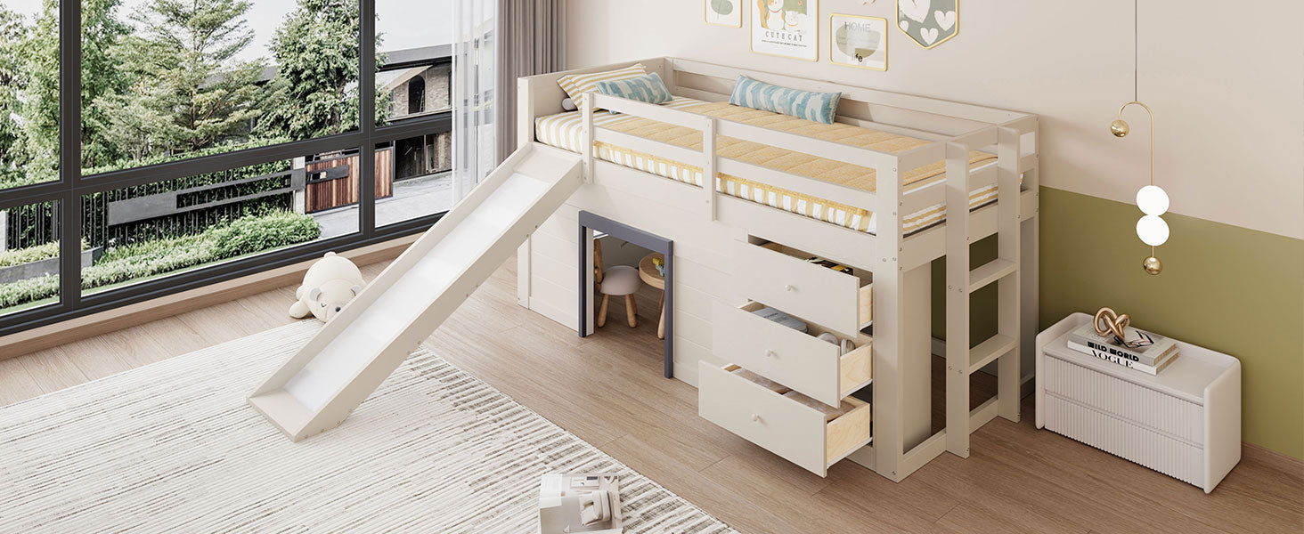 Logidon crème hoogslaper 90x200 met glijbaan, 3 lades, 2 deuren