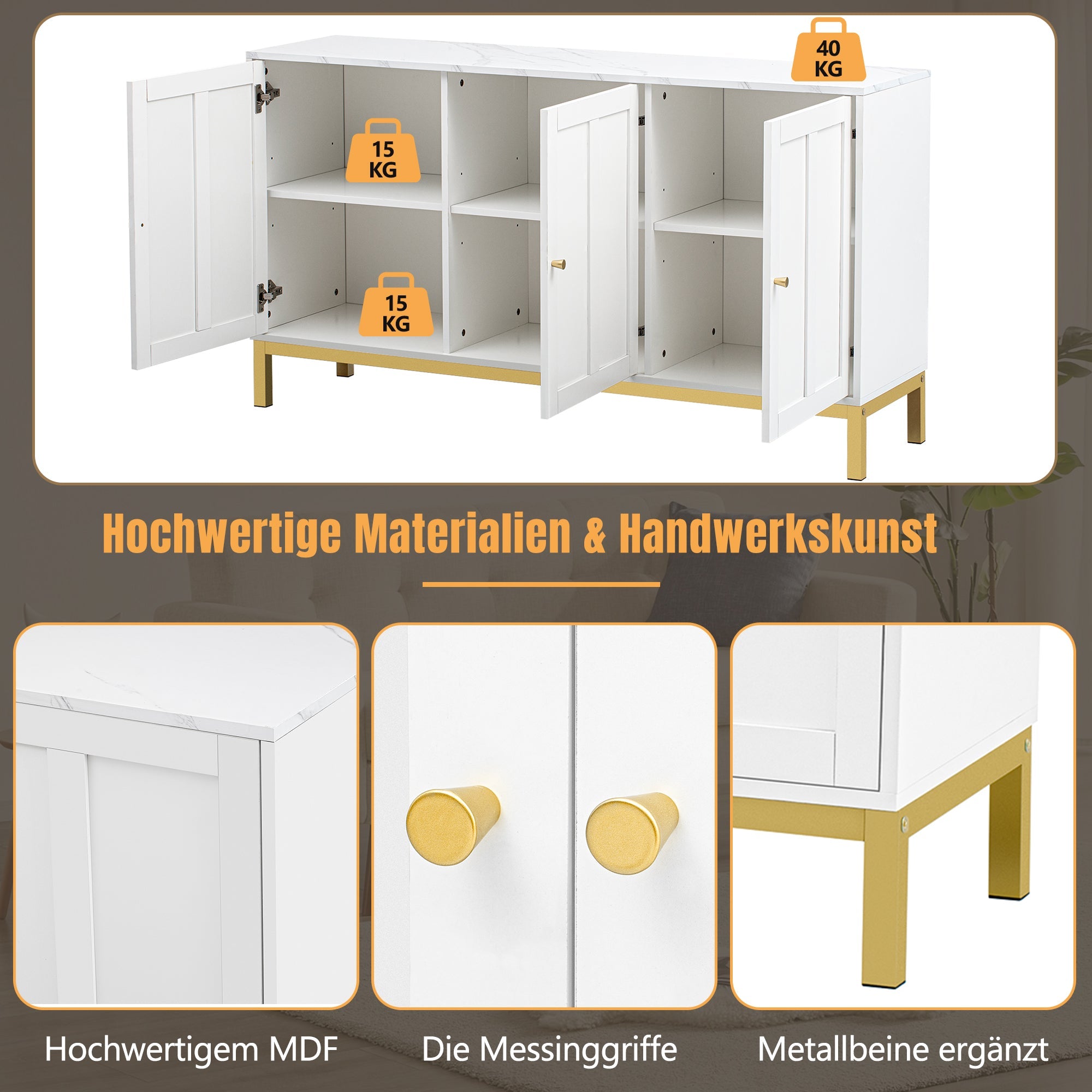 Logidon sideboard 3 doors with marble table top white 140 cm