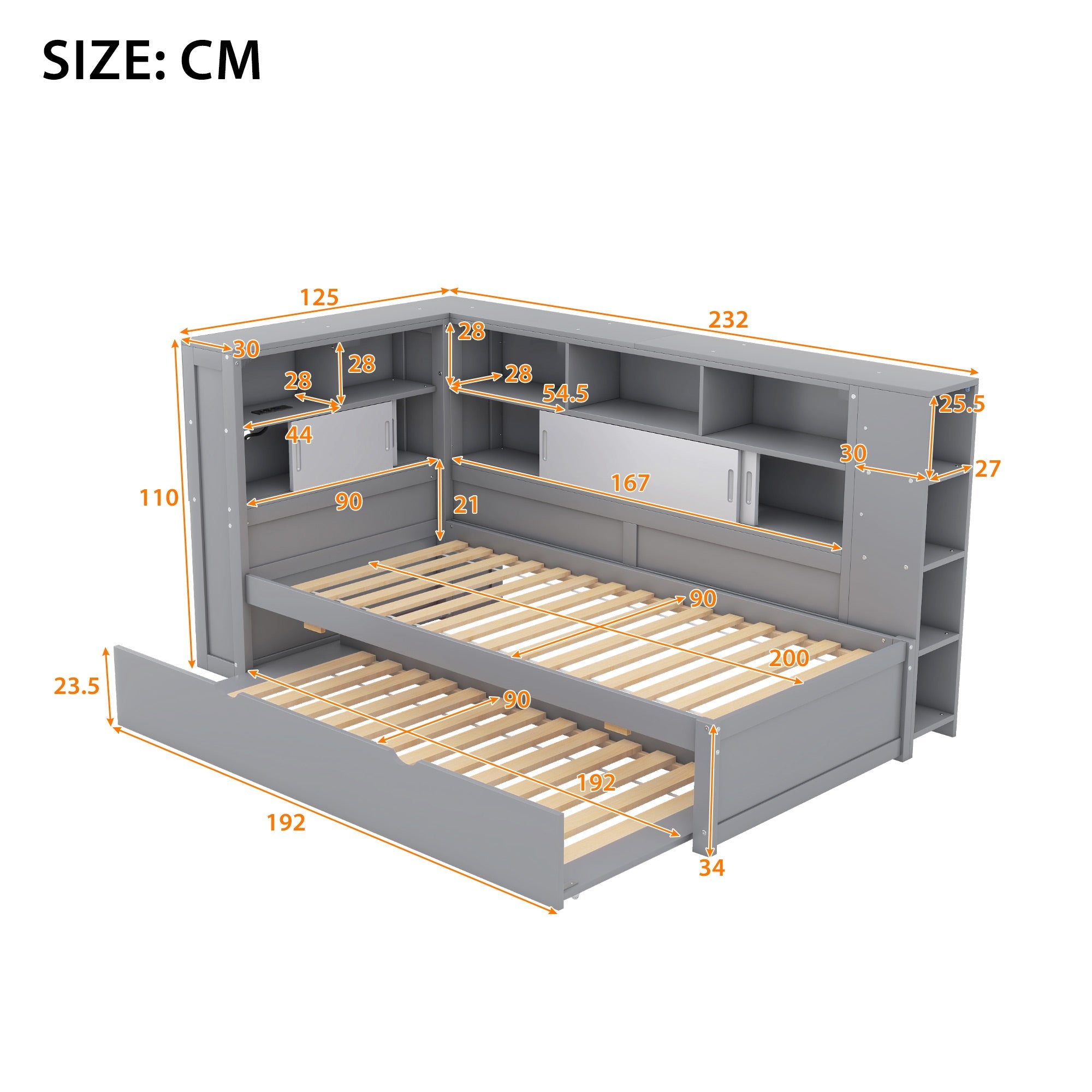 Logidon daybed 90x200 cm grijs met uitschuifbaar bed USB opbergvak