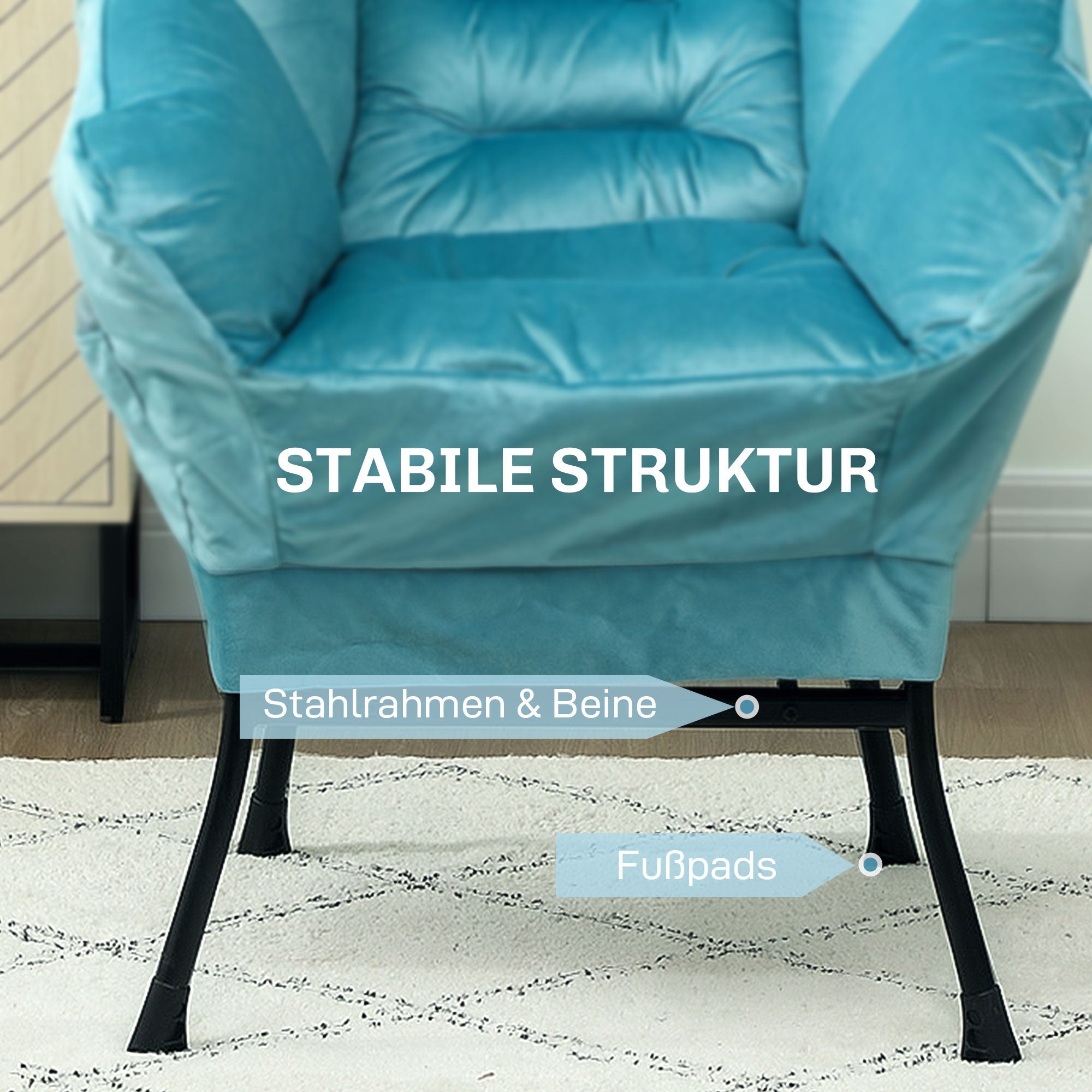 Logidon loungestoel blauw fluweellook met zijvak stalen poten