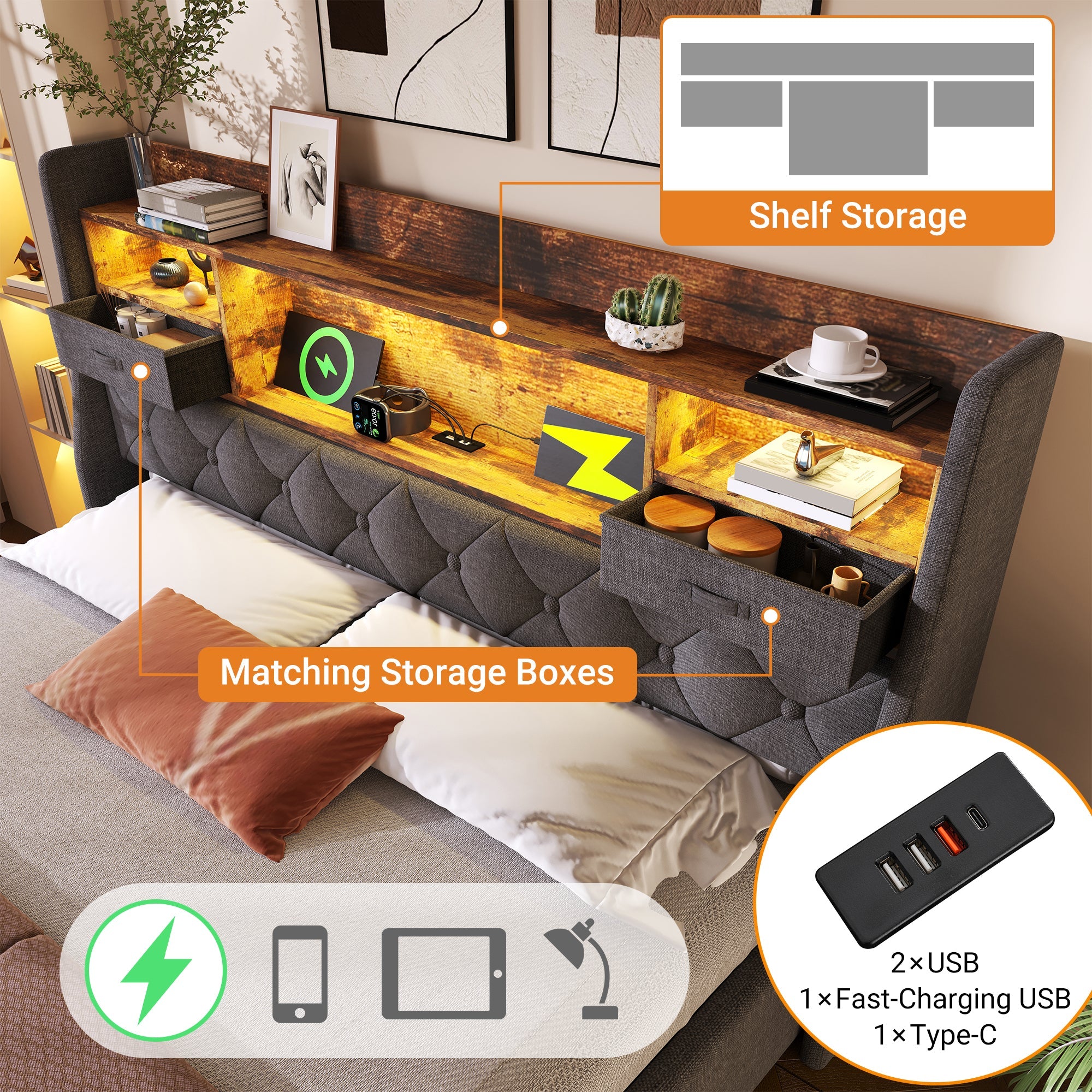 Logidon gestoffeerd bed 160x200 cm met opbergruimte, LED-hoofdbord, USB-C