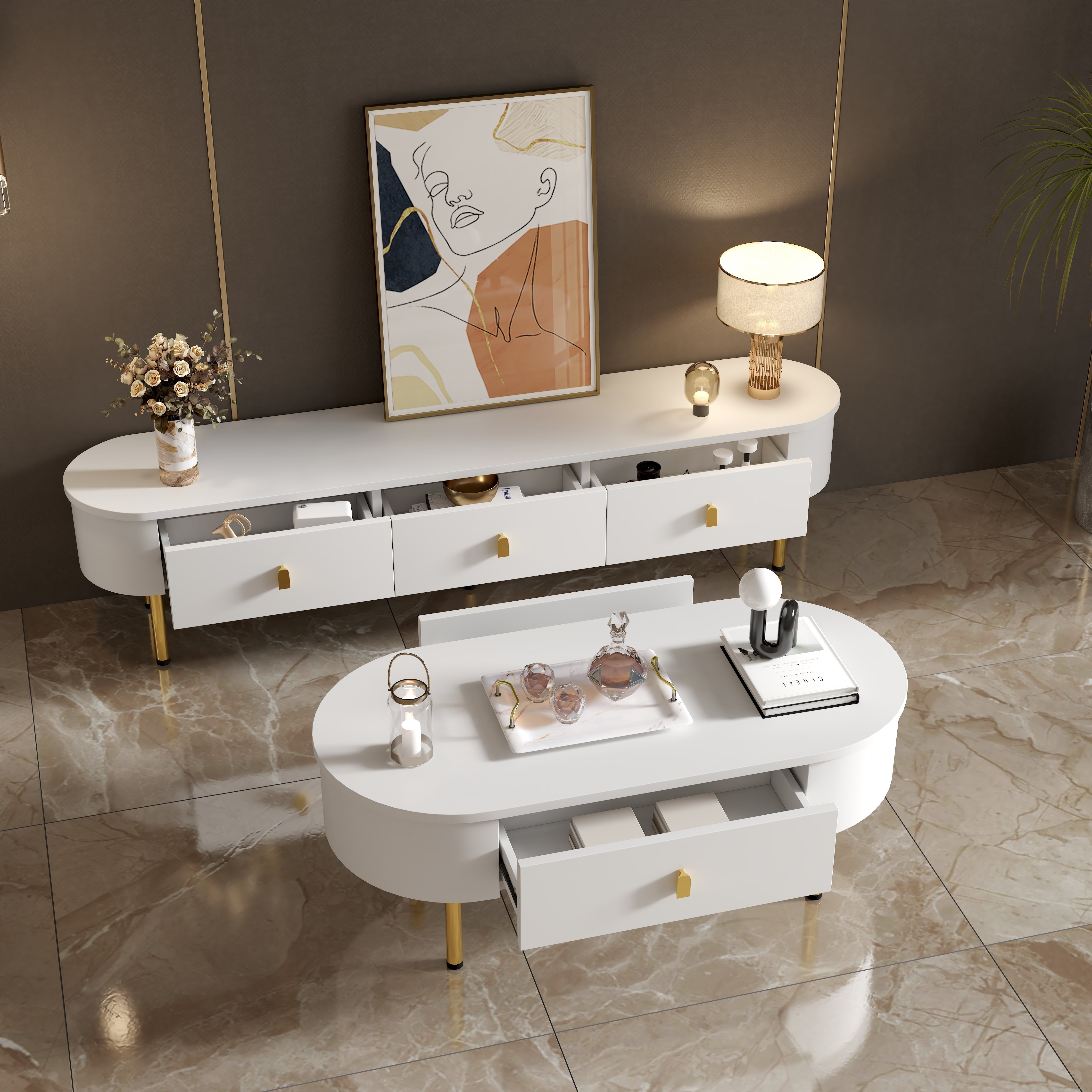 Logidon luxe tv-meubelset wit met lades en salontafel