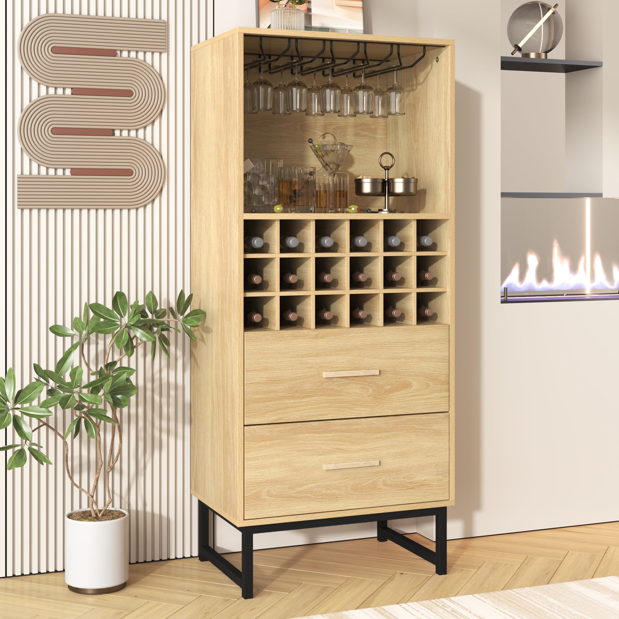 Logidon wijnkast dressoir houtlook 60x39,5x141 cm 18 vakken