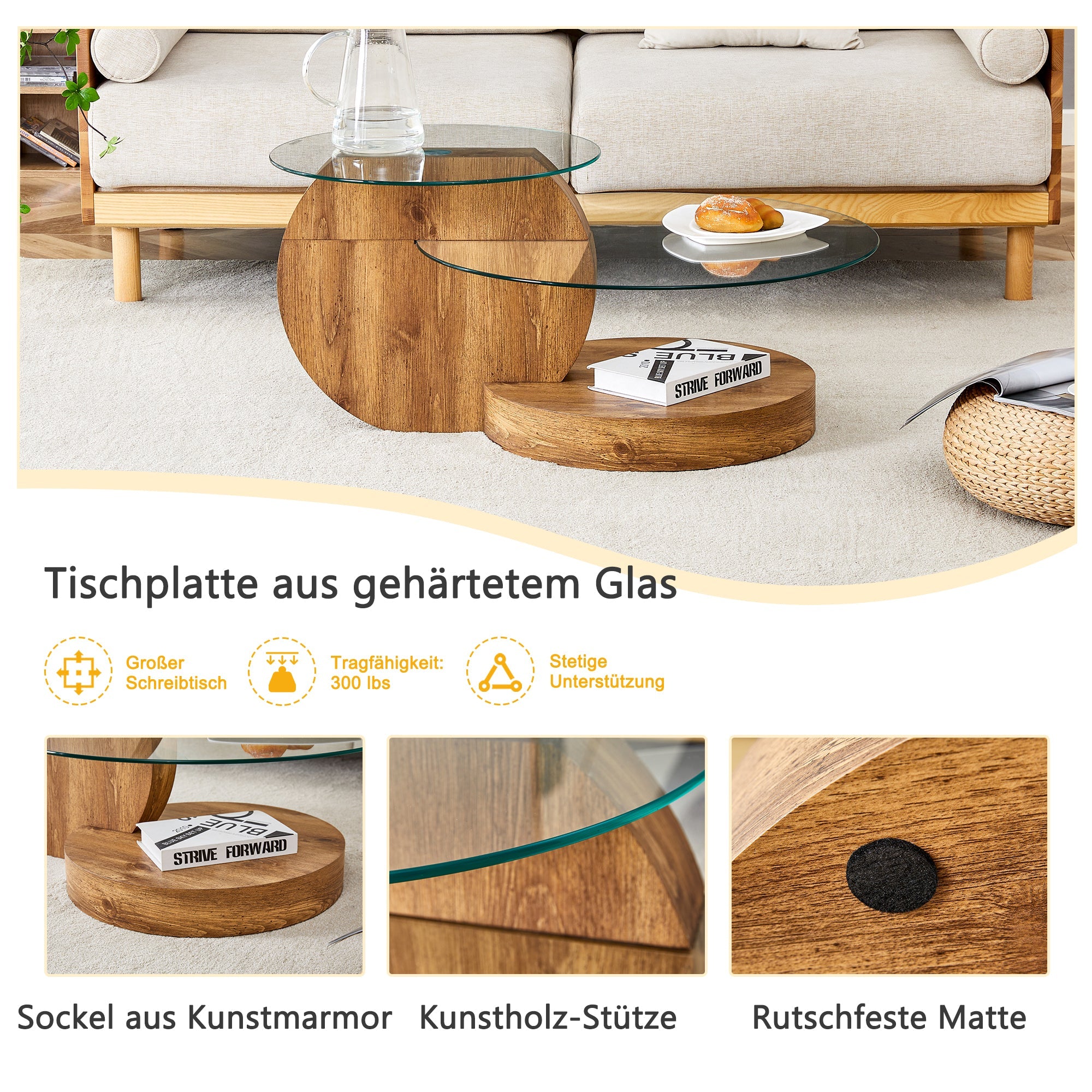 Logidon Moderne Glazen Salontafel Houtstructuur Meerlaags Design MDF 90x70cm