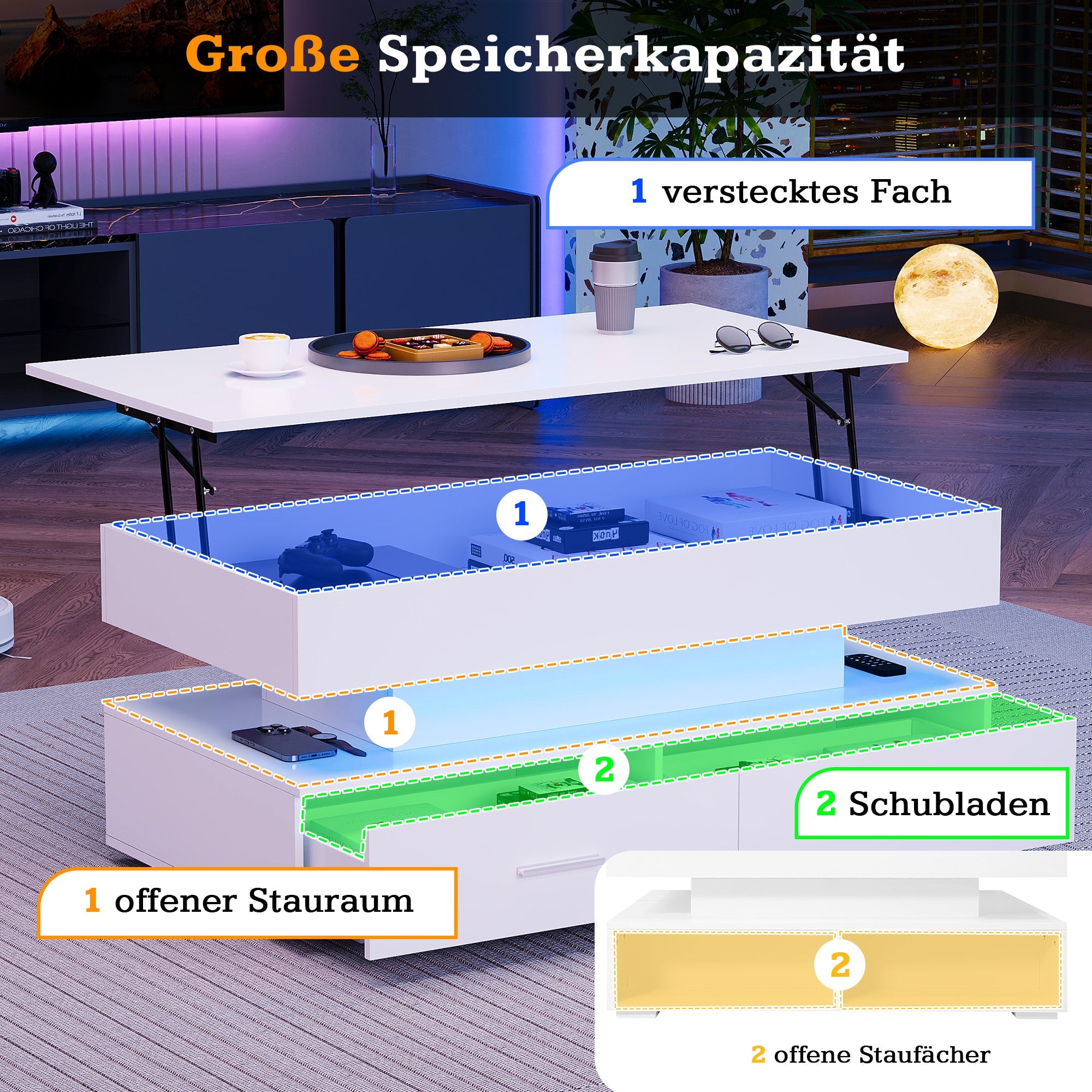 Logidon Hydraulisch in hoogte verstelbare salontafel 100x50x44 cm Wit LED