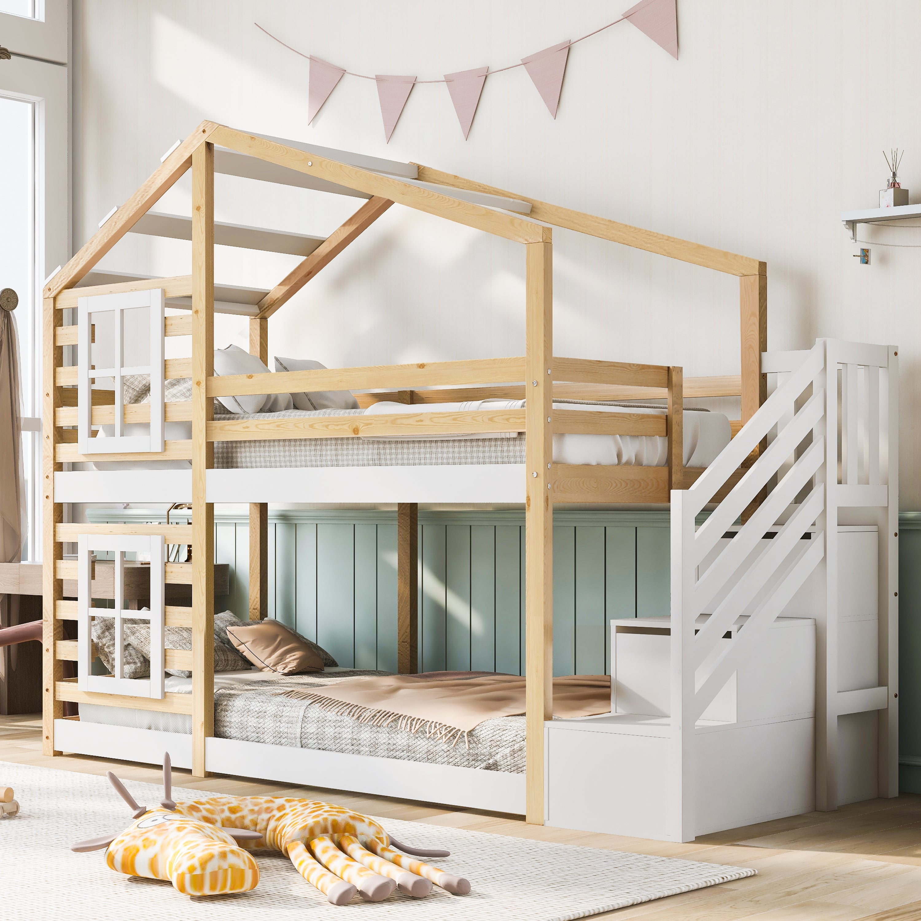 Logidon stapelbed boomhut 90x200 cm - naturel wit, 2 lattenbodems