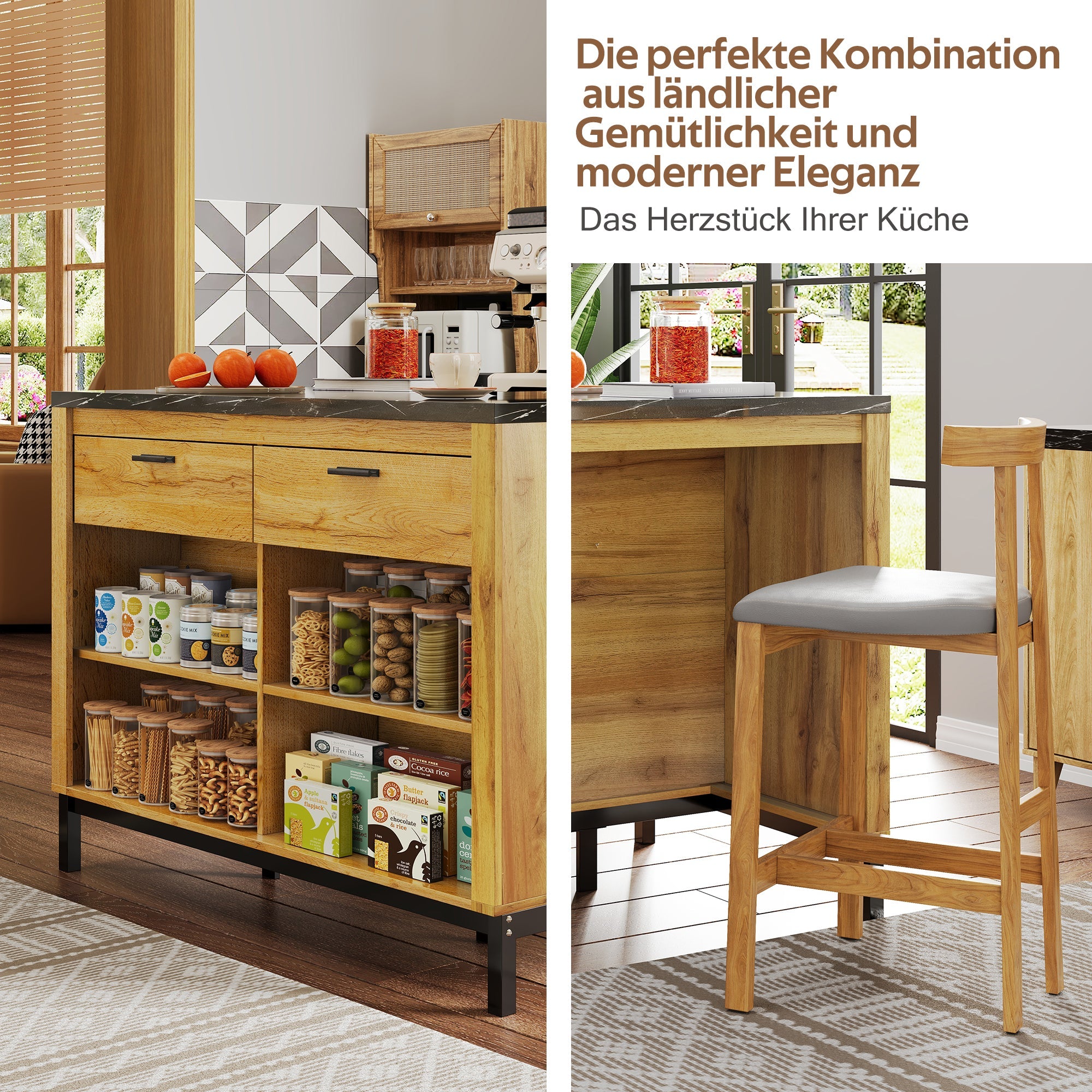 Logidon kitchen island country house style 120x75x90 cm with 2 drawers and 4 shelves