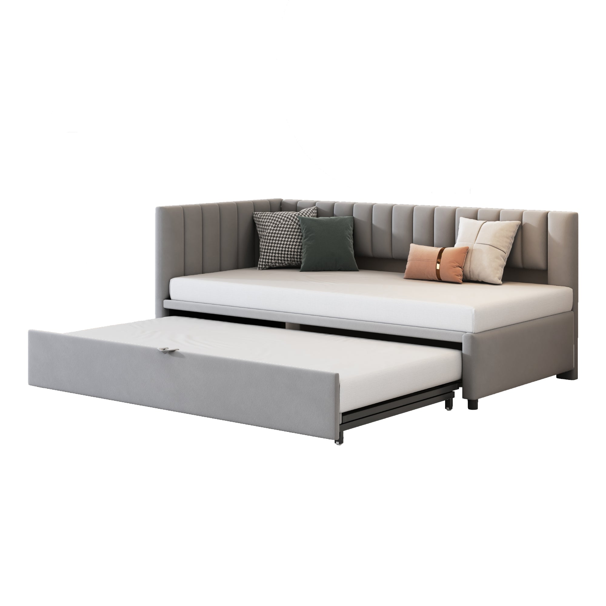 Logidon L-vorm slaapbank fluweelgrijs met onderschuifbed 90x200/180x200
