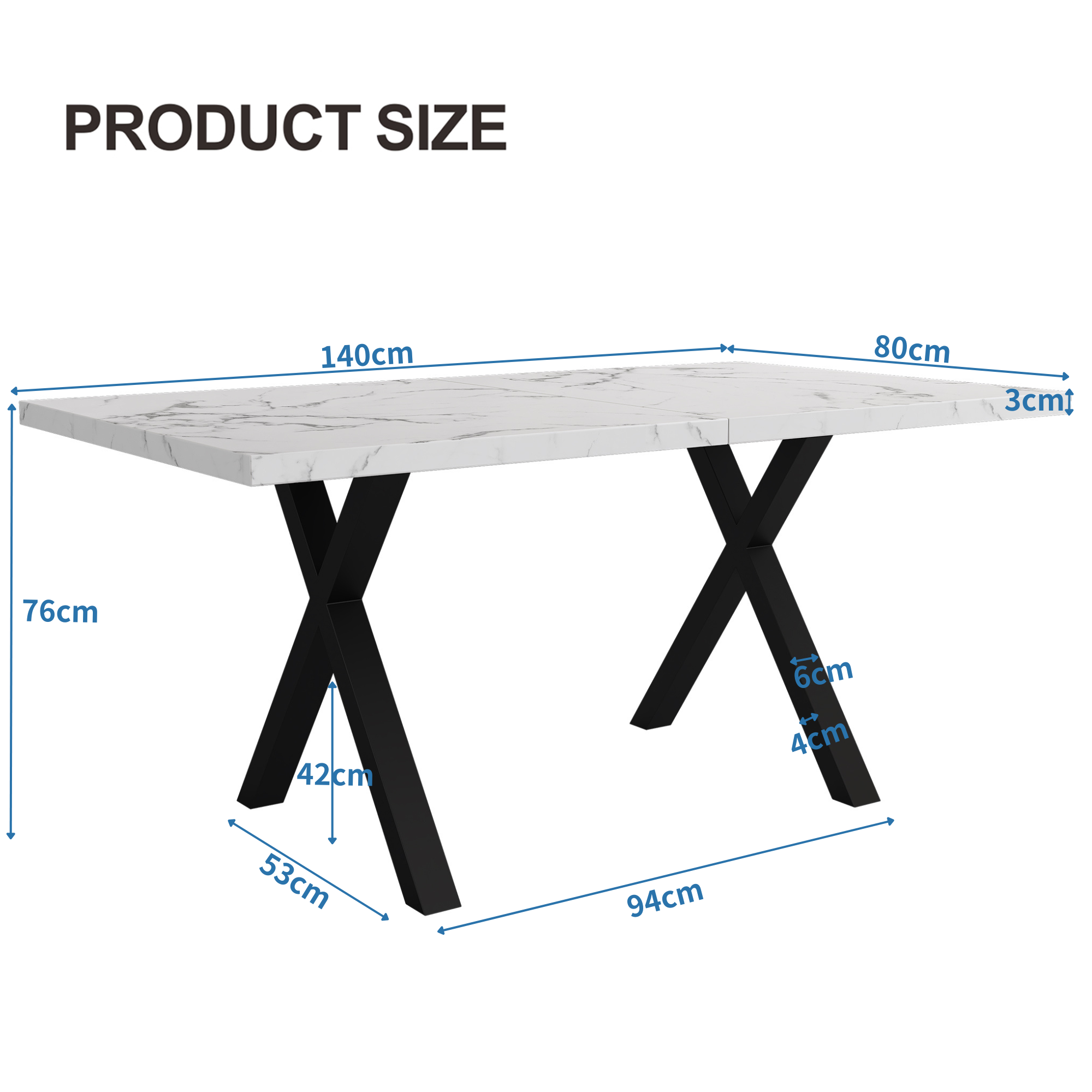 Logidon eettafel kruispoten marmerlook zwart wit 140x80x76 cm