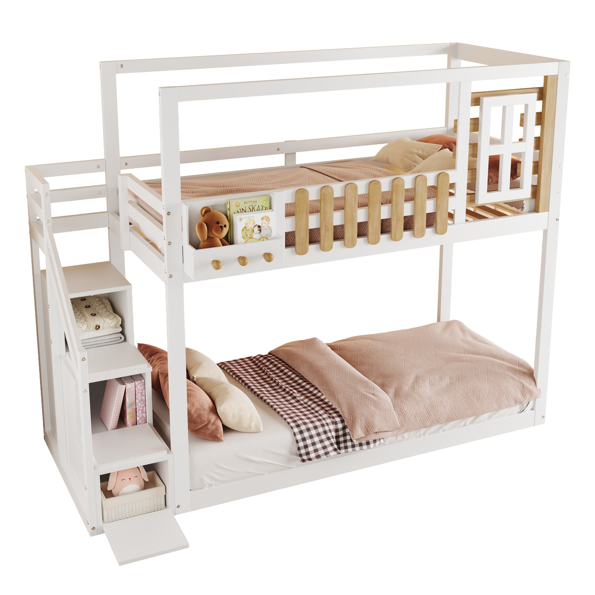 Logidon Bunk Bed With Stairs Window Pine Wood White 90x200 cm