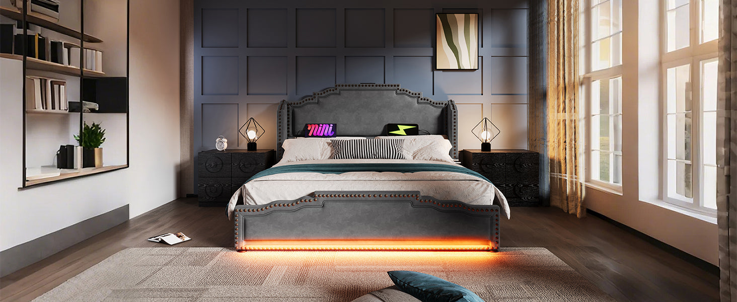 Logidon gestoffeerd bed 140x200 grijs fluweel met 4 lades en USB C