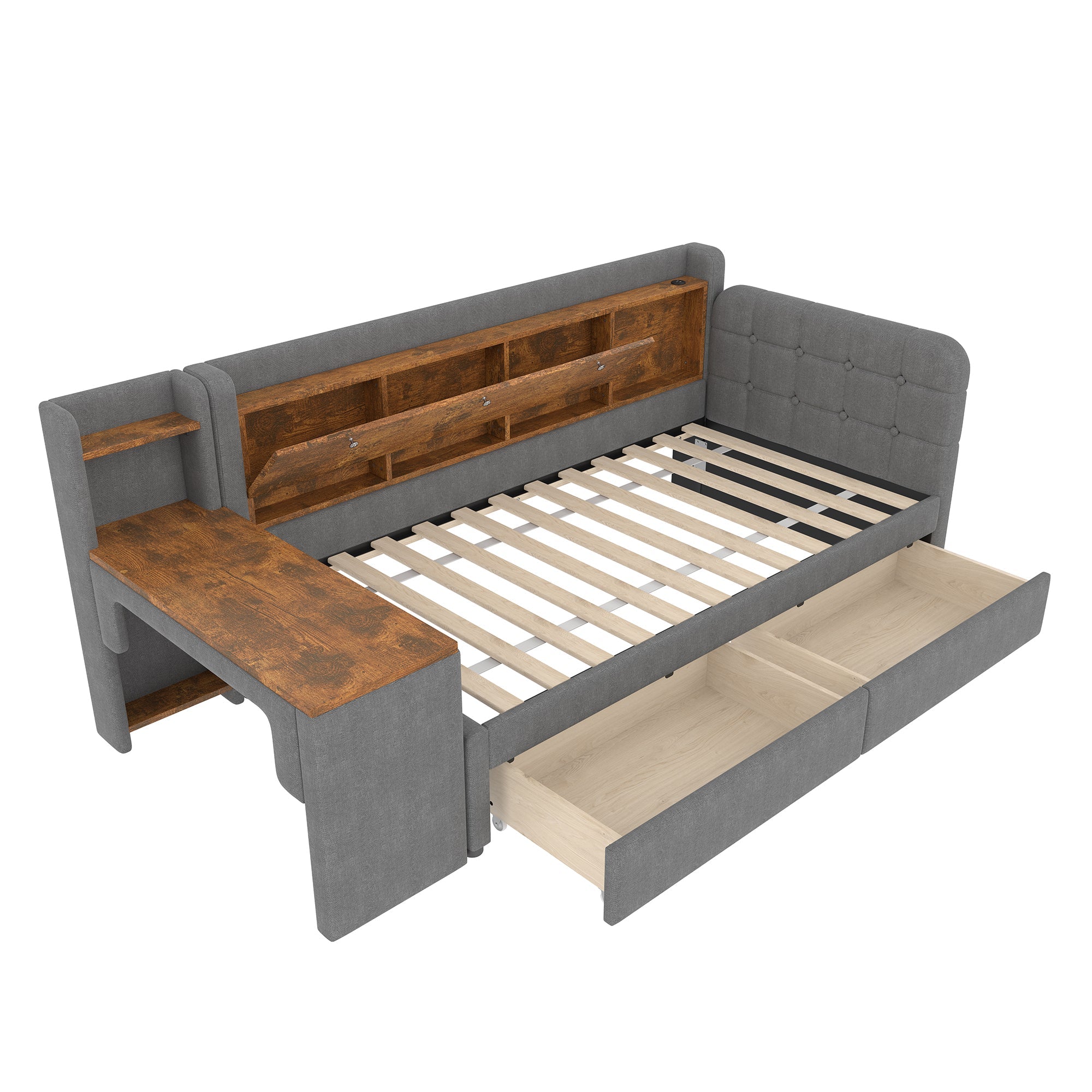 Logidon Daybed 90x200 cm slaapbank met bureau grijs USB Type C