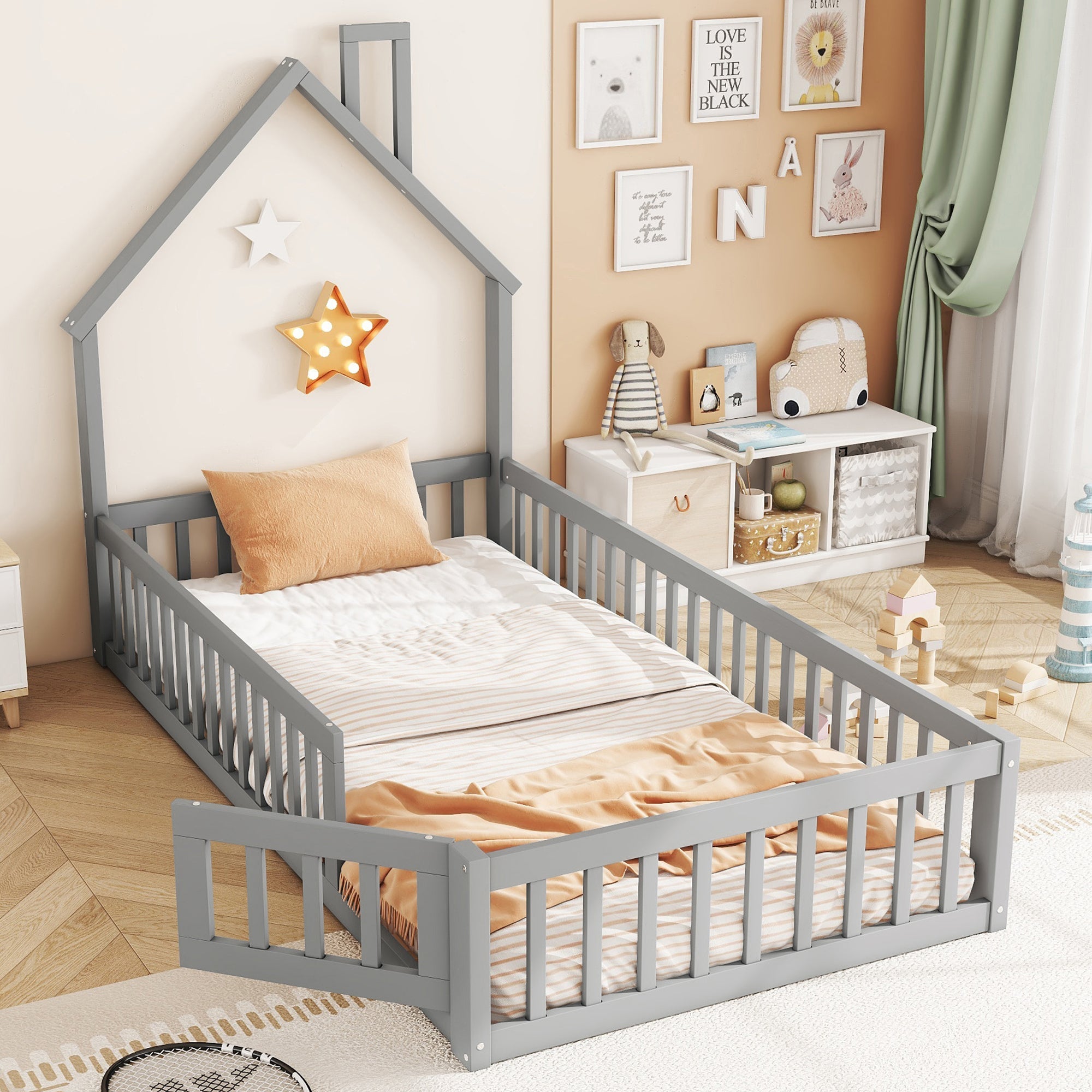 Logidon upholstered bed 90x200 chimney shape gray pine wood
