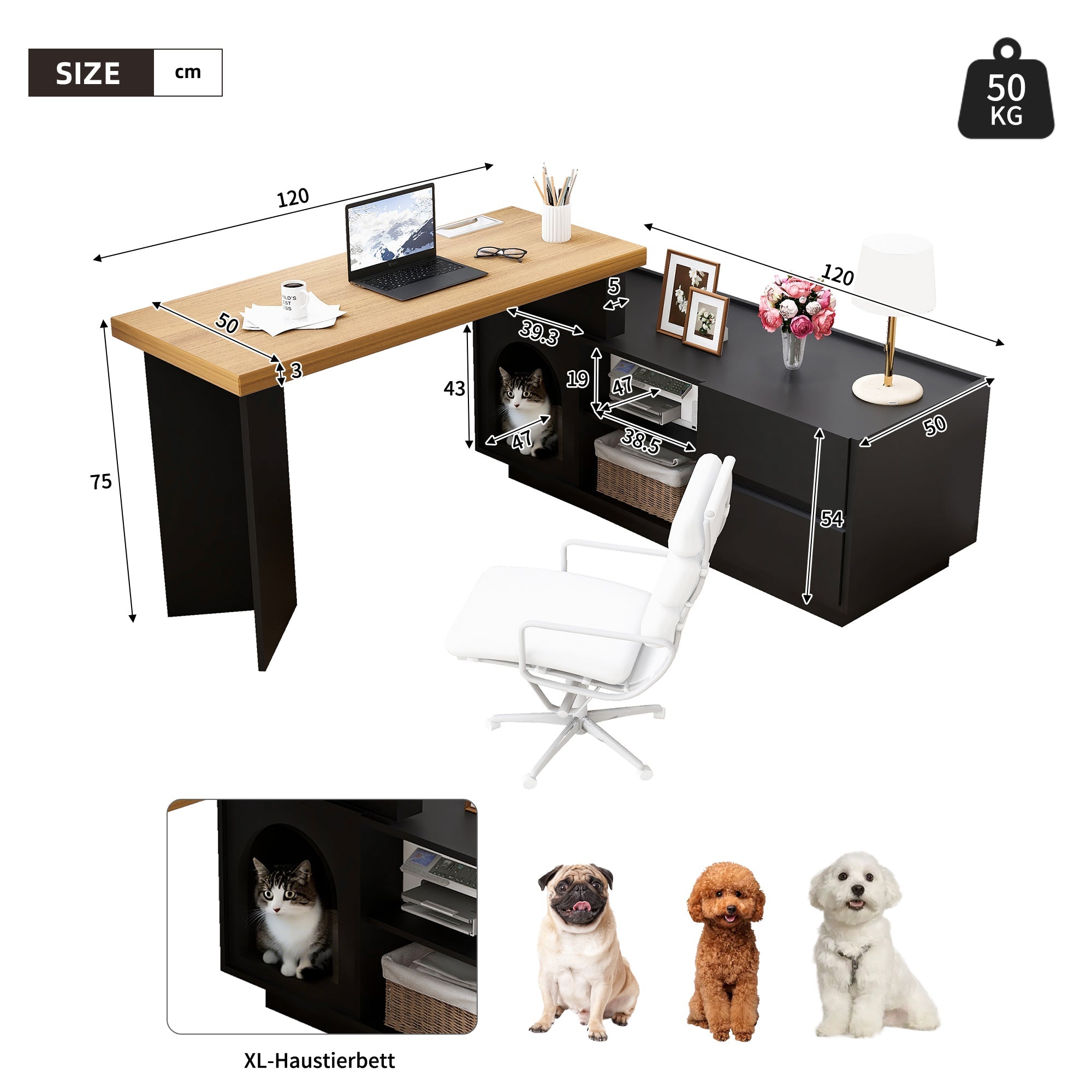Logidon Corner Desk With Integrated Animal House 120x50 Cm MDF Black
