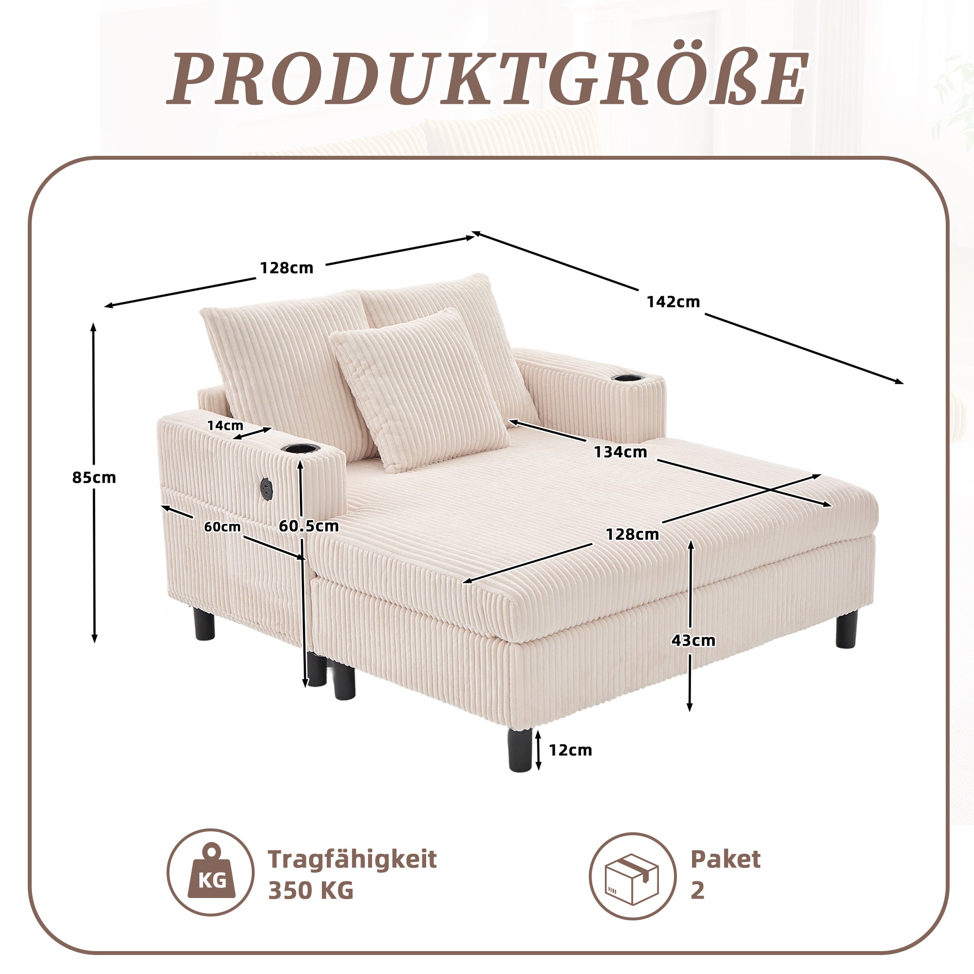 Logidon Chaise Longue Ligstoel Beige Fluweel Met USB LED-verlichting
