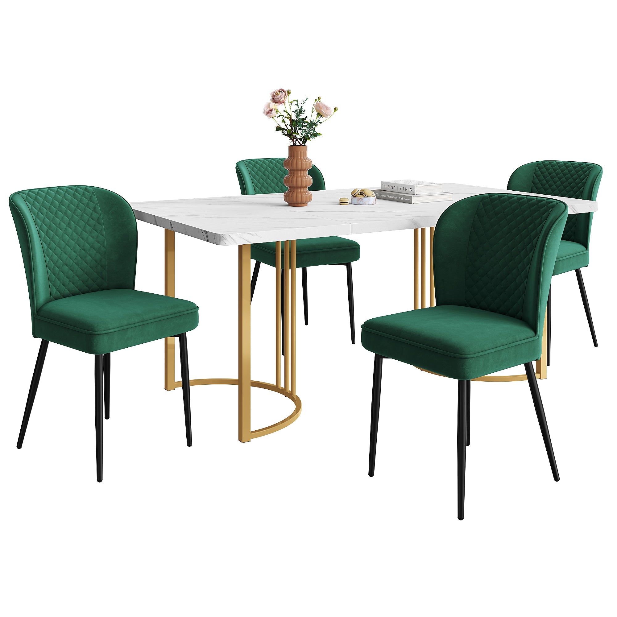 Logidon eetgroepset 5 stuks donkergroene fluwelen stoelen witte MDF tafel