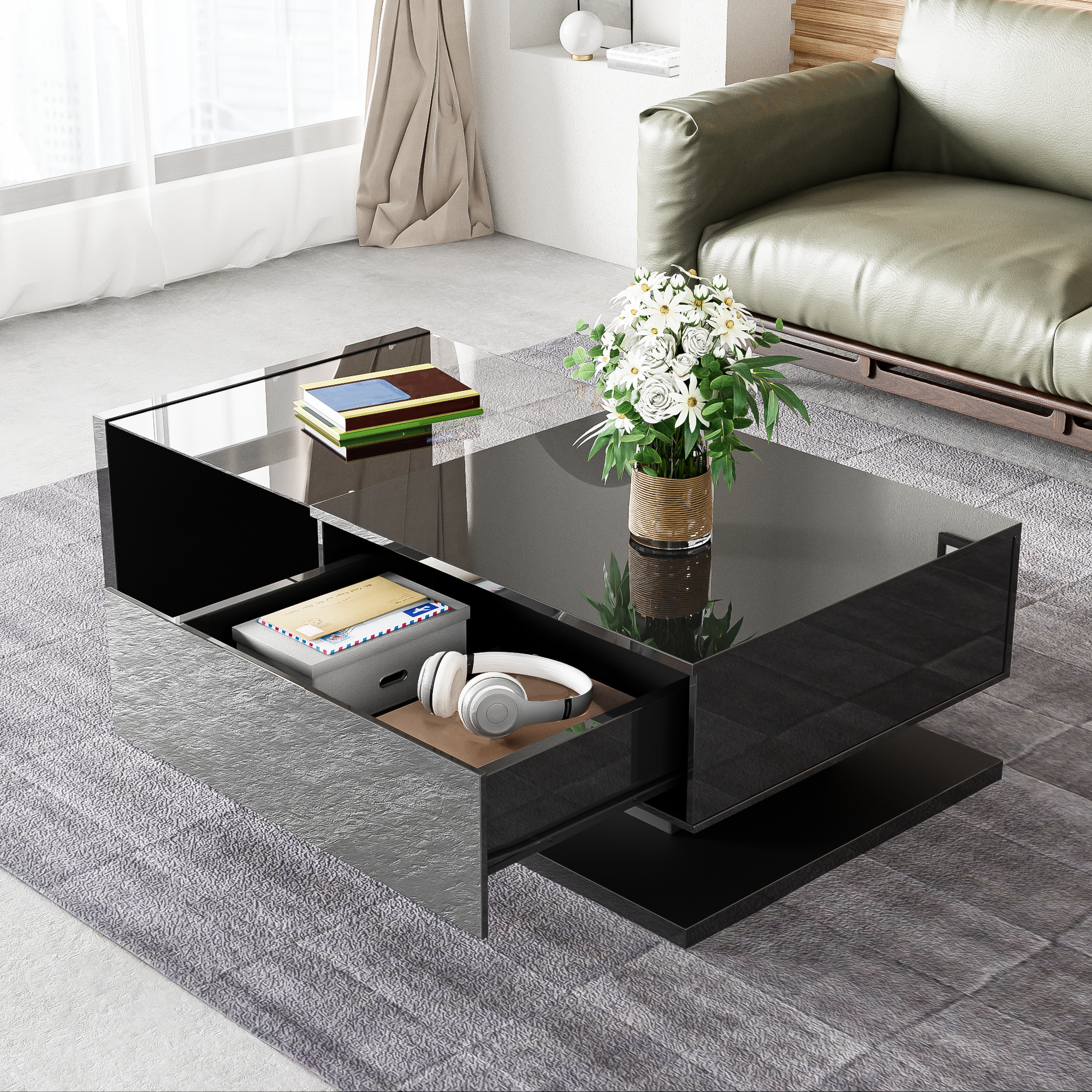 Logidon salontafel hoogglans zwart met glas en LED effect 105 cm