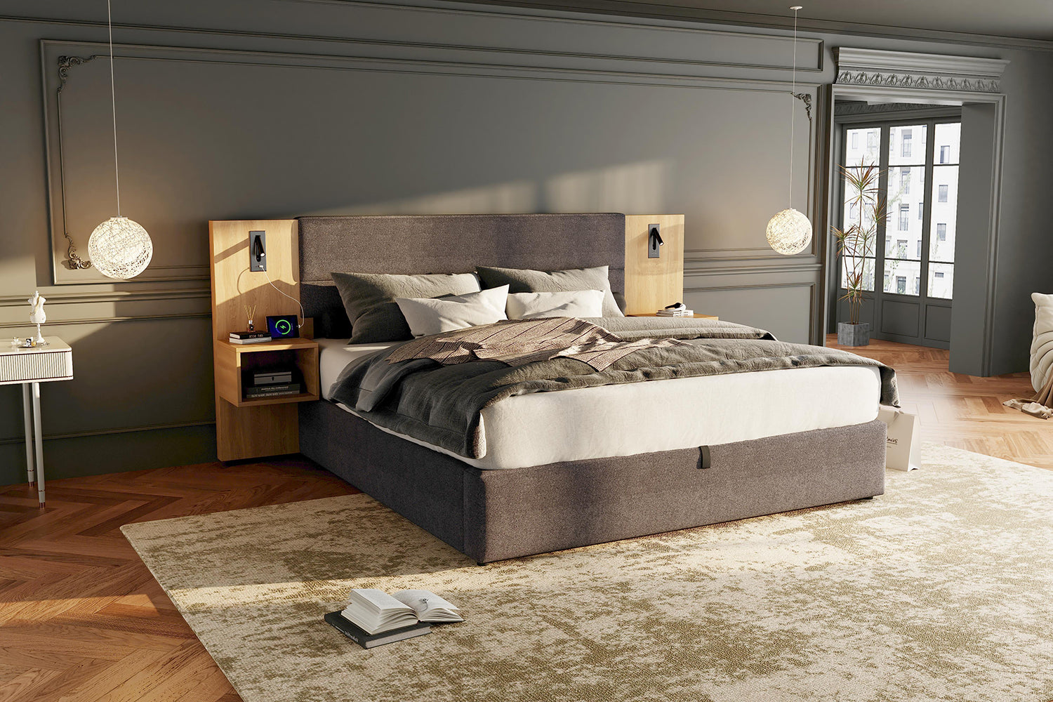 Logidon gestoffeerd bed 160x200 cm fluweelgrijs USB-oplaadfunctie opbergruimte