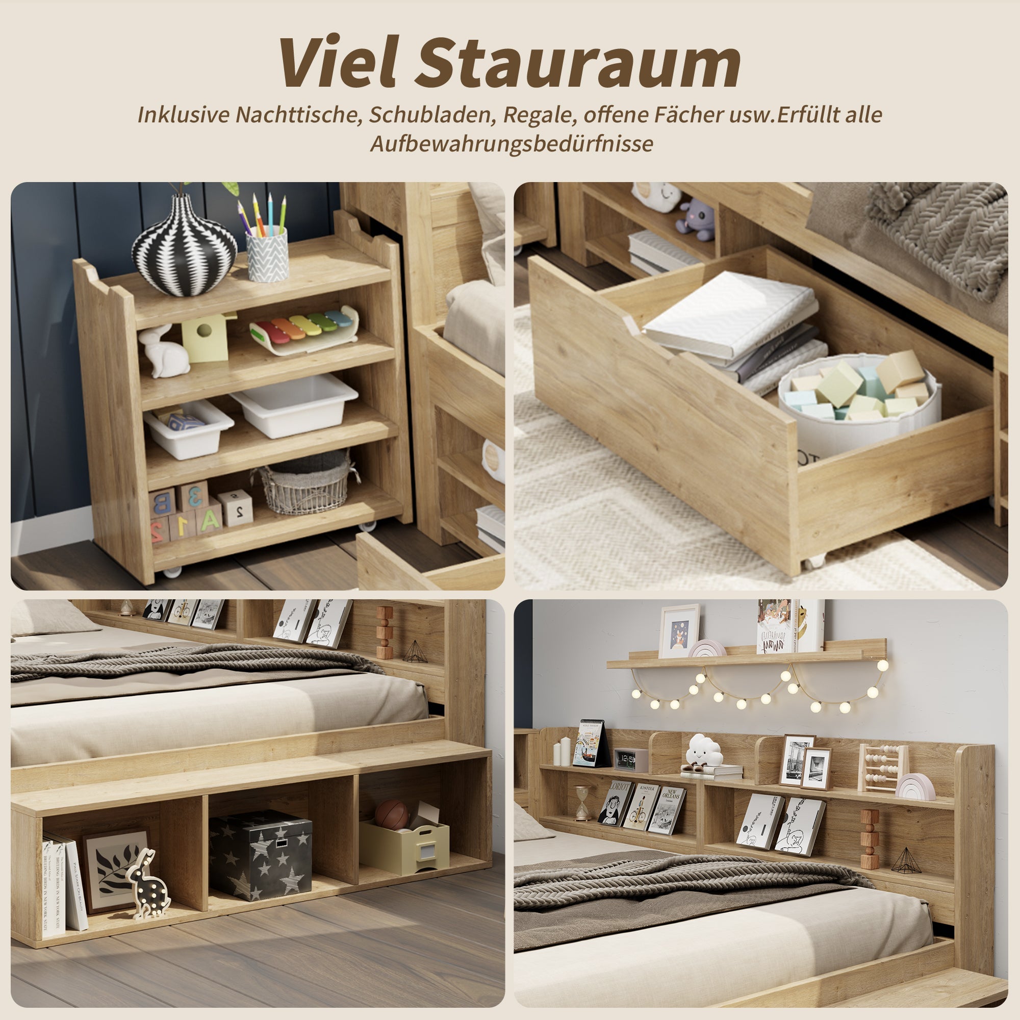 Logidon kinderbed 90x200 cm naturel hout met opbergruimte en opladen