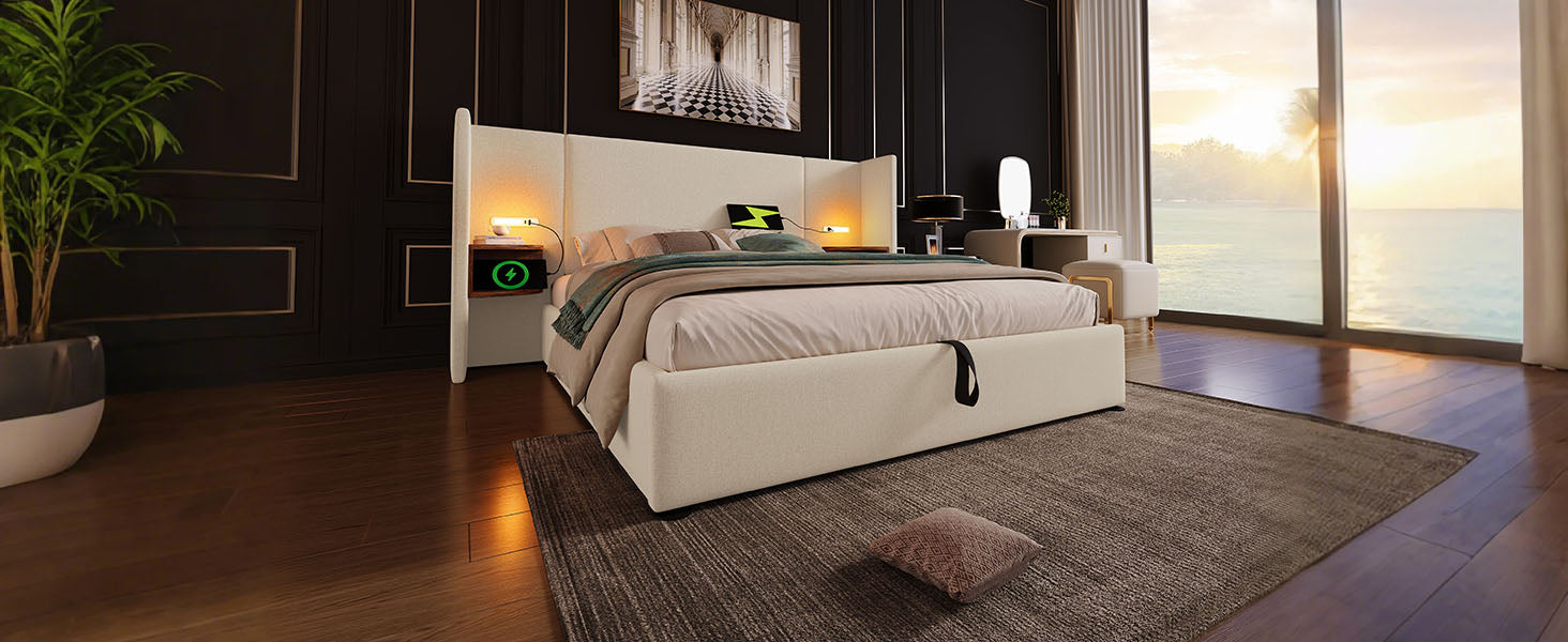 Logidon upholstered bed 160x200 double bed beige linen with storage space