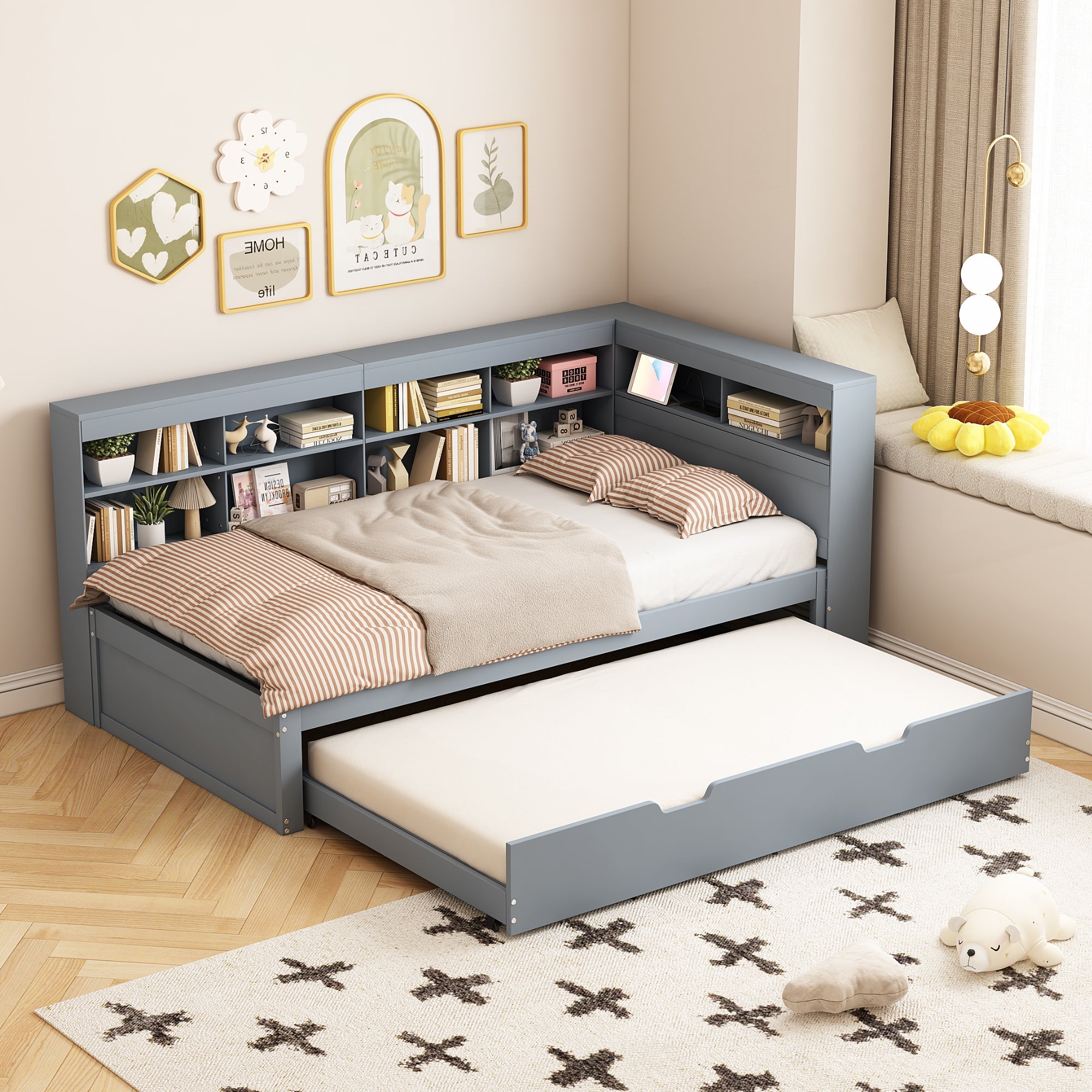 Logidon slaapbank 90x200 cm, uitschuifbaar bed 90x190, grijs