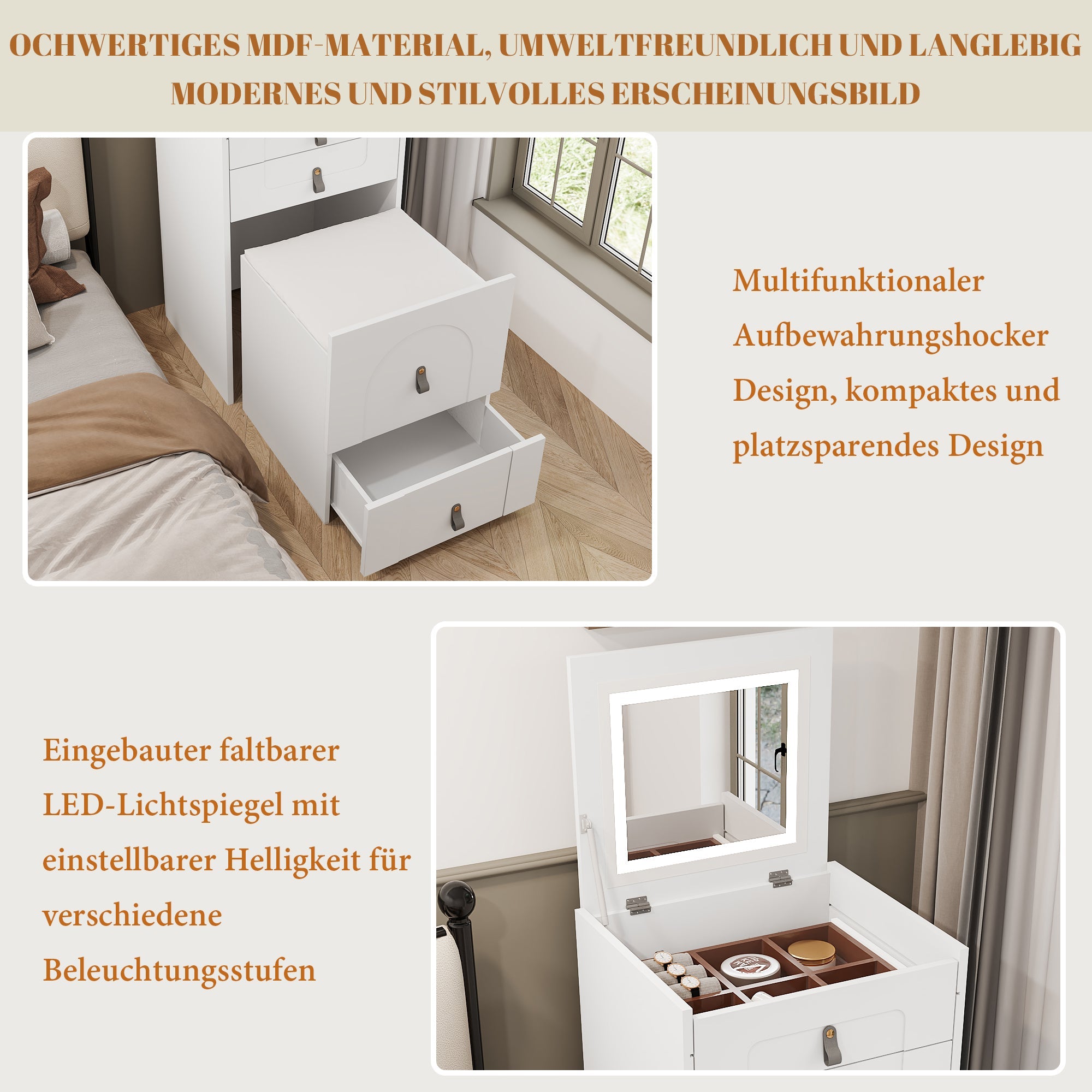 Logidon kaptafel met spiegel en LED-verlichting wit 3 lades