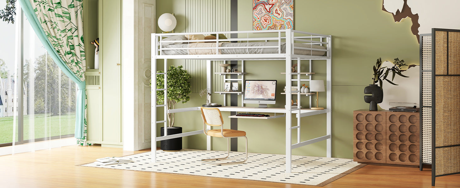 Logidon hoogslaper 140x200 cm metalen bed met bureau en plank wit