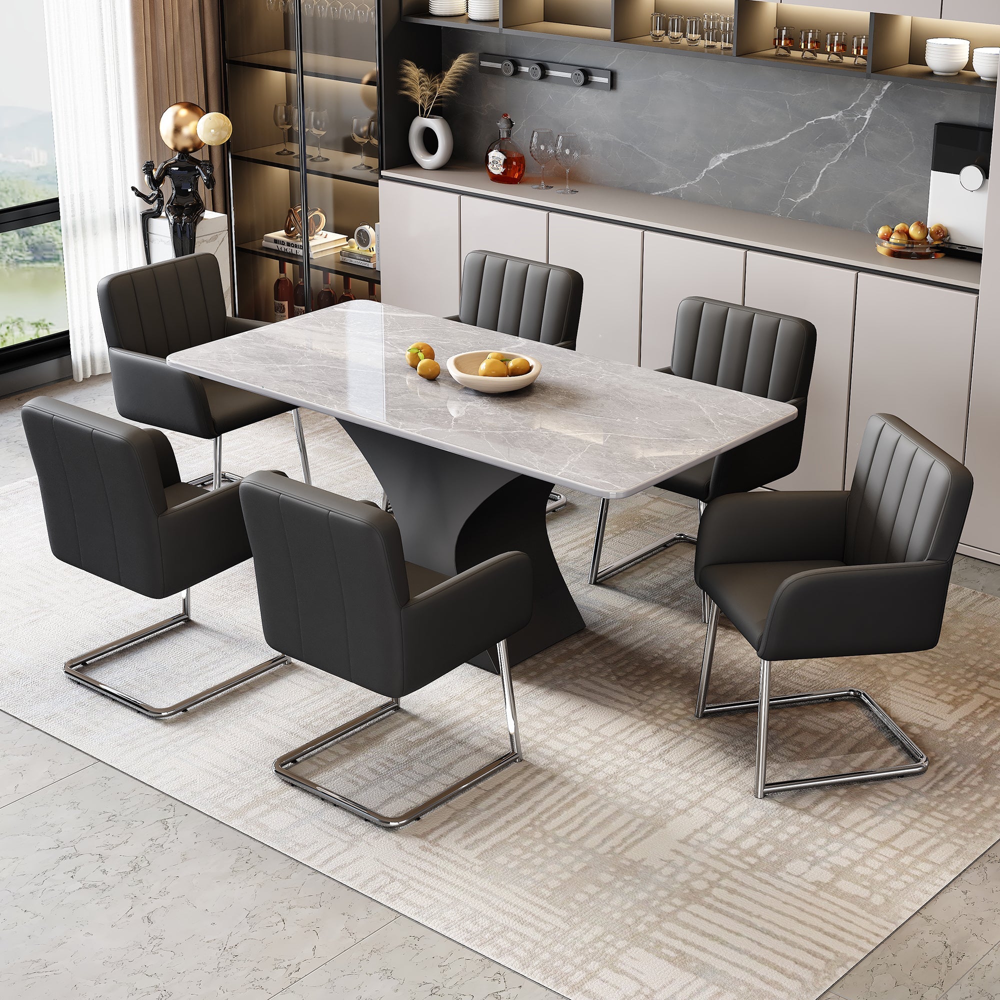 Logidon Set van 6 eetkamerstoelen verticale strepen kunstleer zwart
