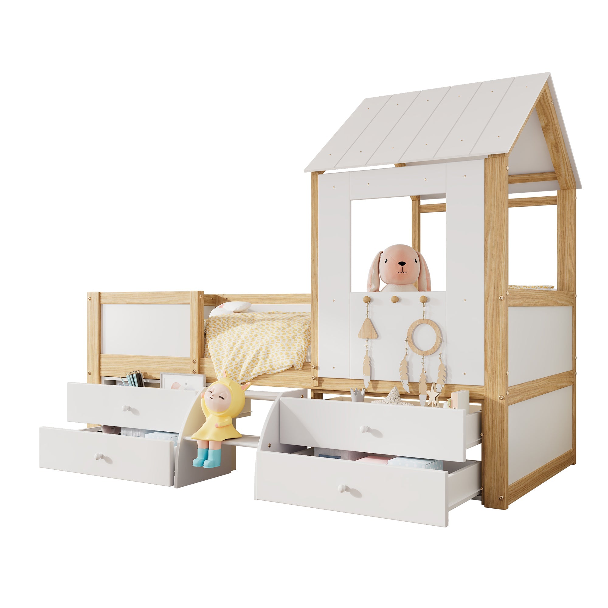 Logidon halfhoog huisbed 90x200 wit naturel met dak