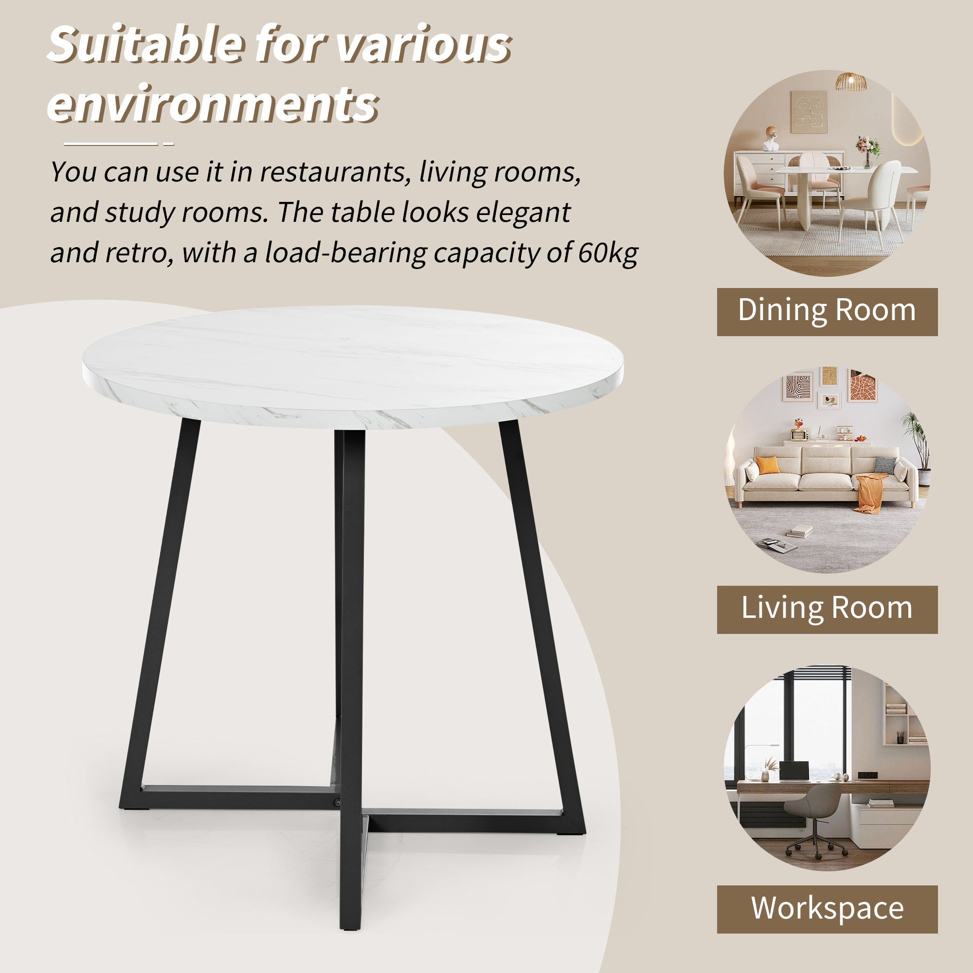 Logidon Ronde Eettafel Wit Zwart MDF Marmer Patroon 80 cm